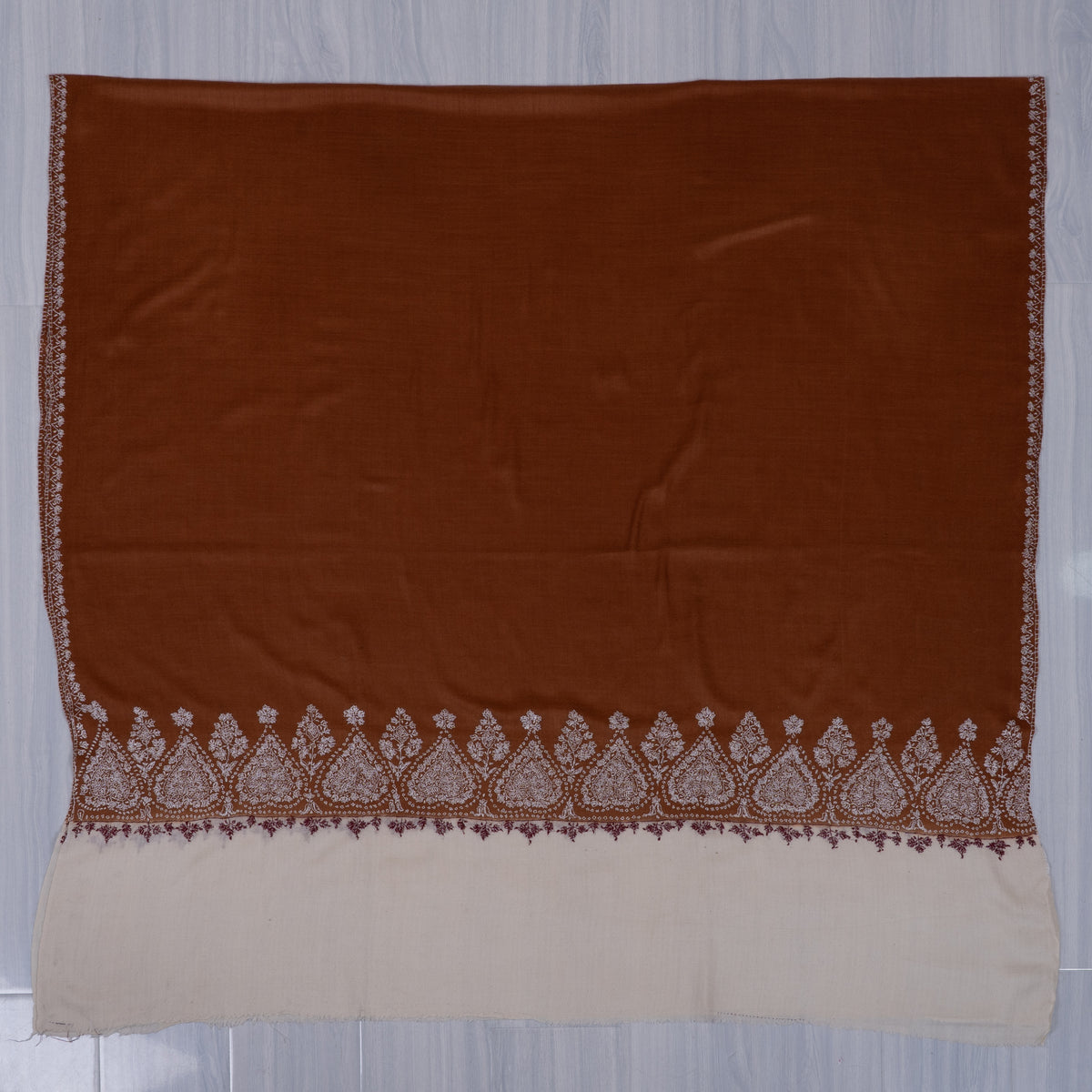 Burnt Sienna Ivory Border: Merino Wool Hand Embroidered 2.5 Yards Shawl