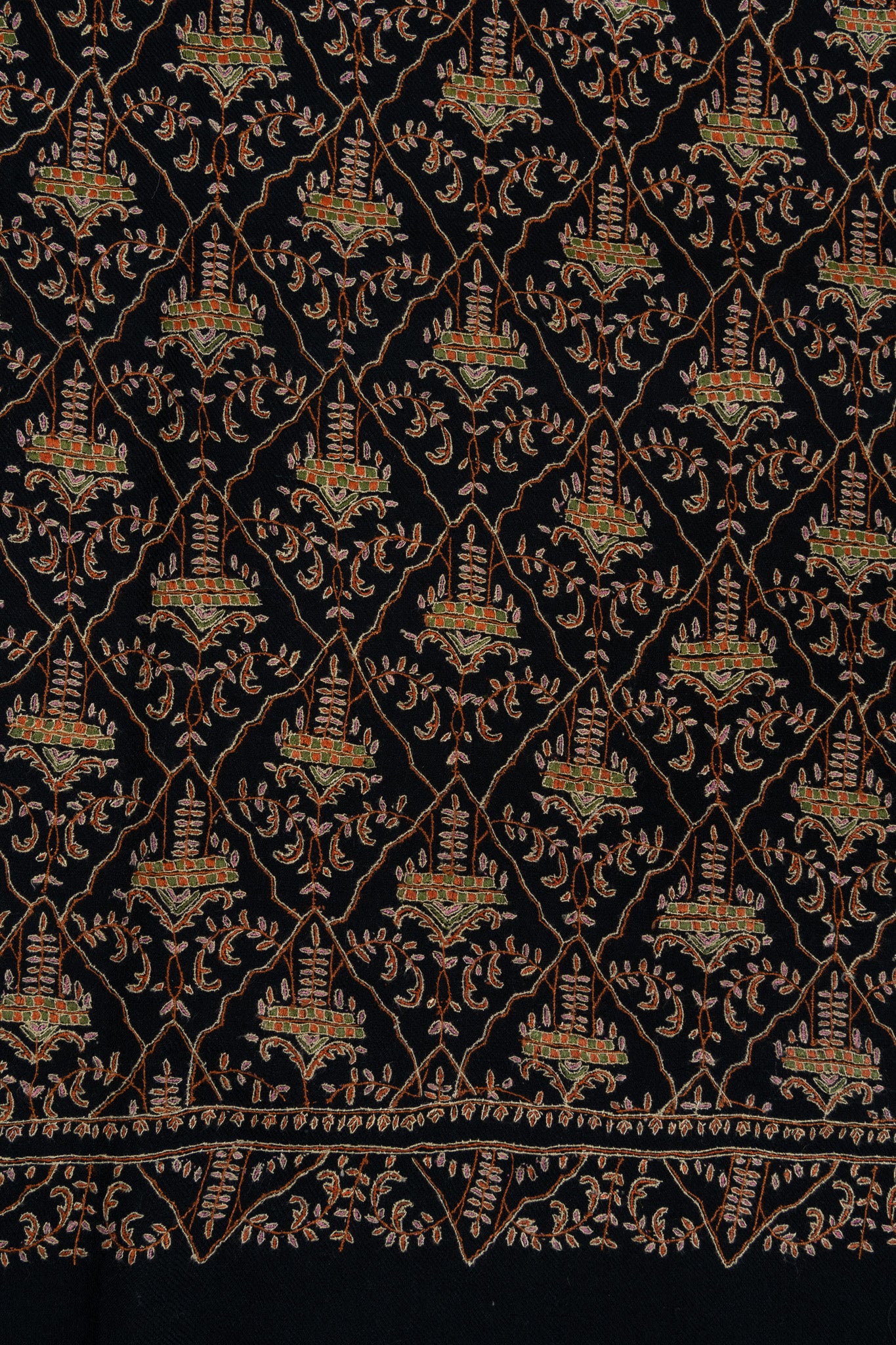 Sozni Hand Embroidered Pashmina: Dark Heritage Trellis