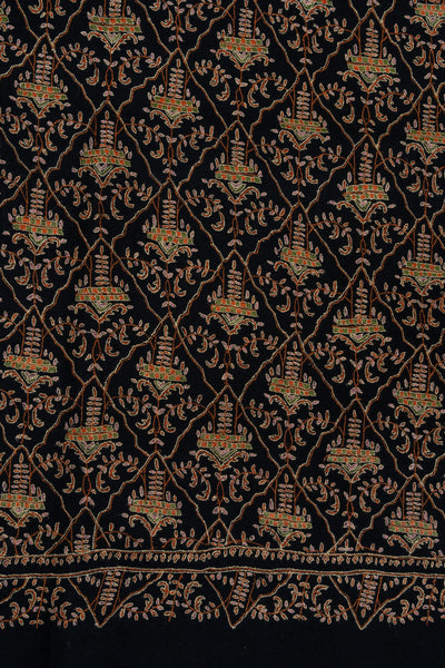 Sozni Hand Embroidered Pashmina: Dark Heritage Trellis