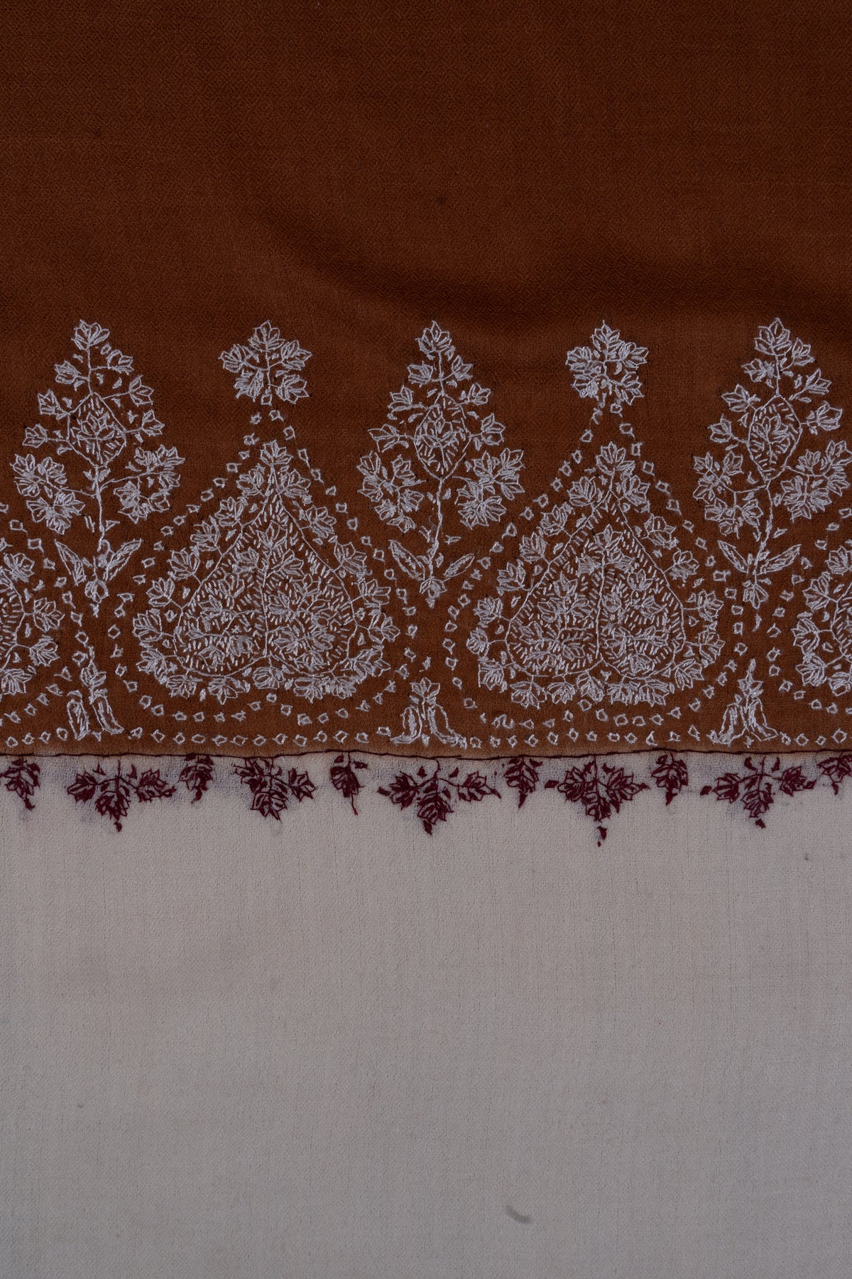 Burnt Sienna Ivory Border: Merino Wool Hand Embroidered 2.5 Yards Shawl