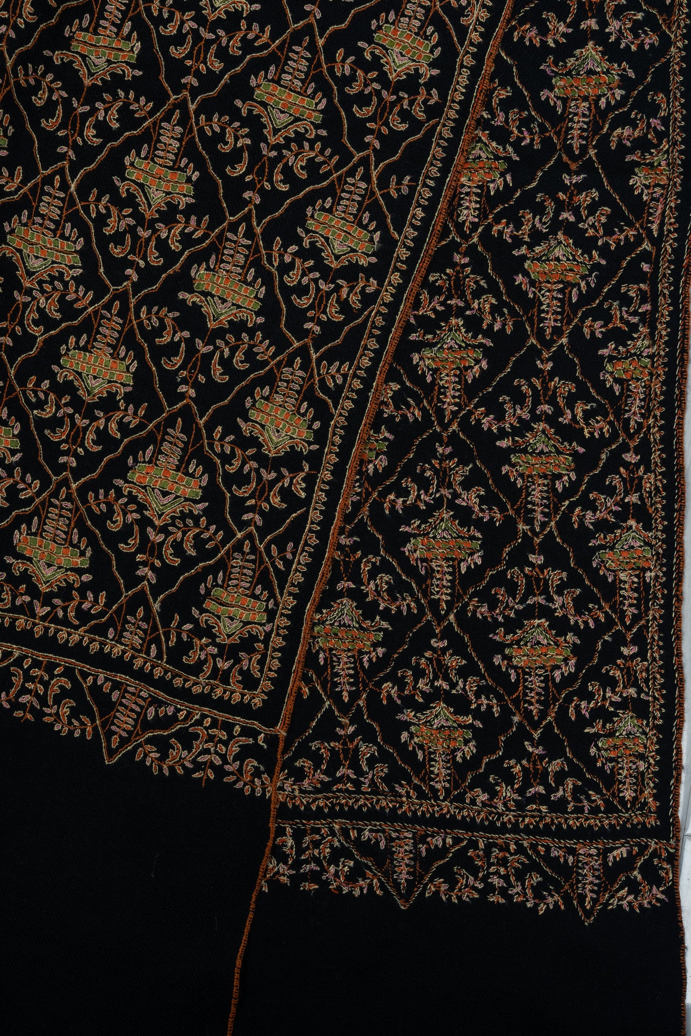 Sozni Hand Embroidered Pashmina: Dark Heritage Trellis
