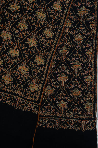 Sozni Hand Embroidered Pashmina: Dark Heritage Trellis