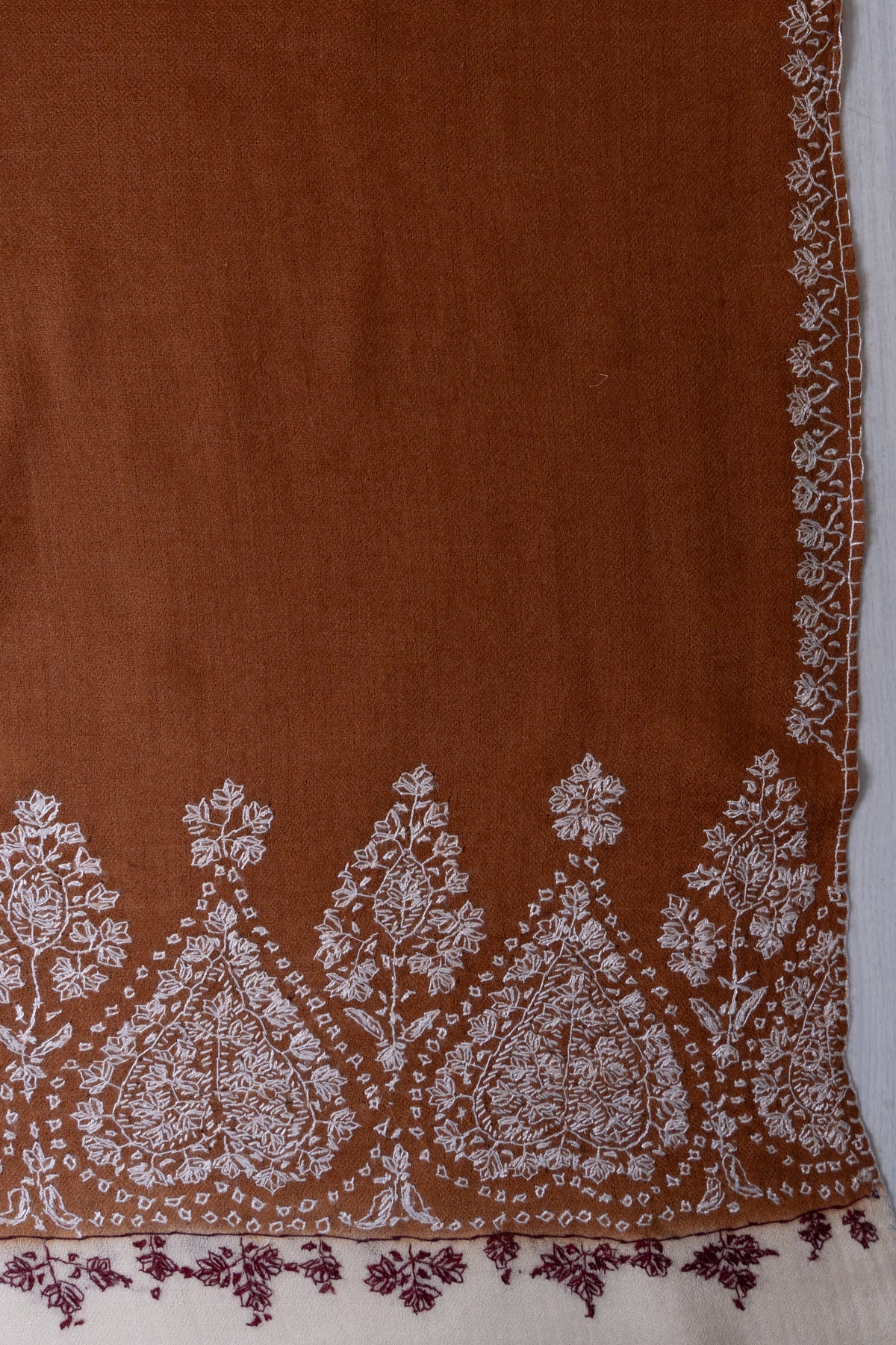 Burnt Sienna Ivory Border: Merino Wool Hand Embroidered 2.5 Yards Shawl