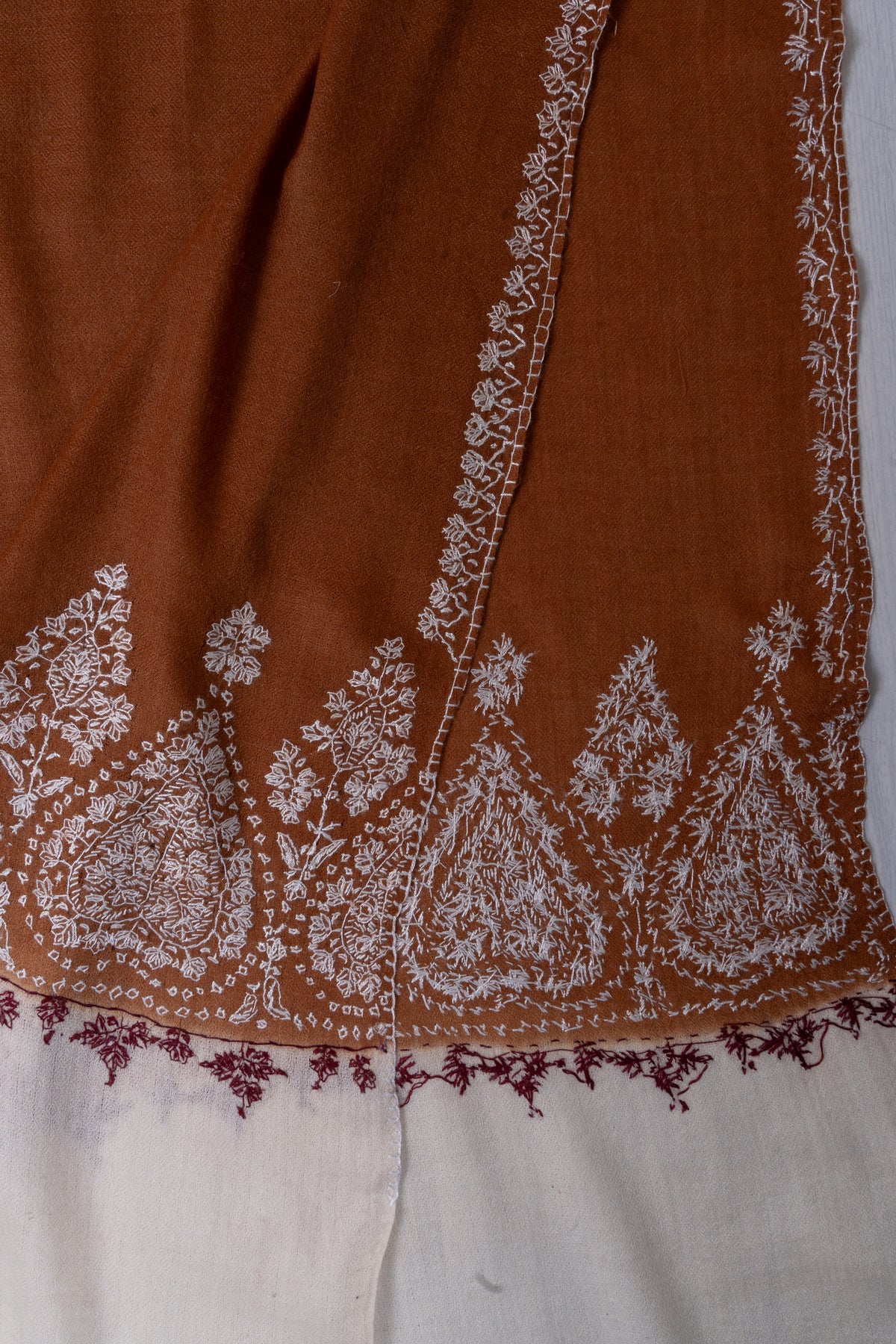 Burnt Sienna Ivory Border: Merino Wool Hand Embroidered 2.5 Yards Shawl