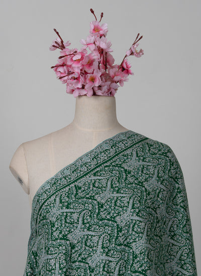 Sozni Hand Embroidered Pashmina: Emerald Green Classic All Over Pattern