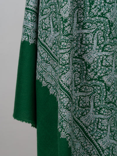 Sozni Hand Embroidered Pashmina: Emerald Green Classic All Over Pattern