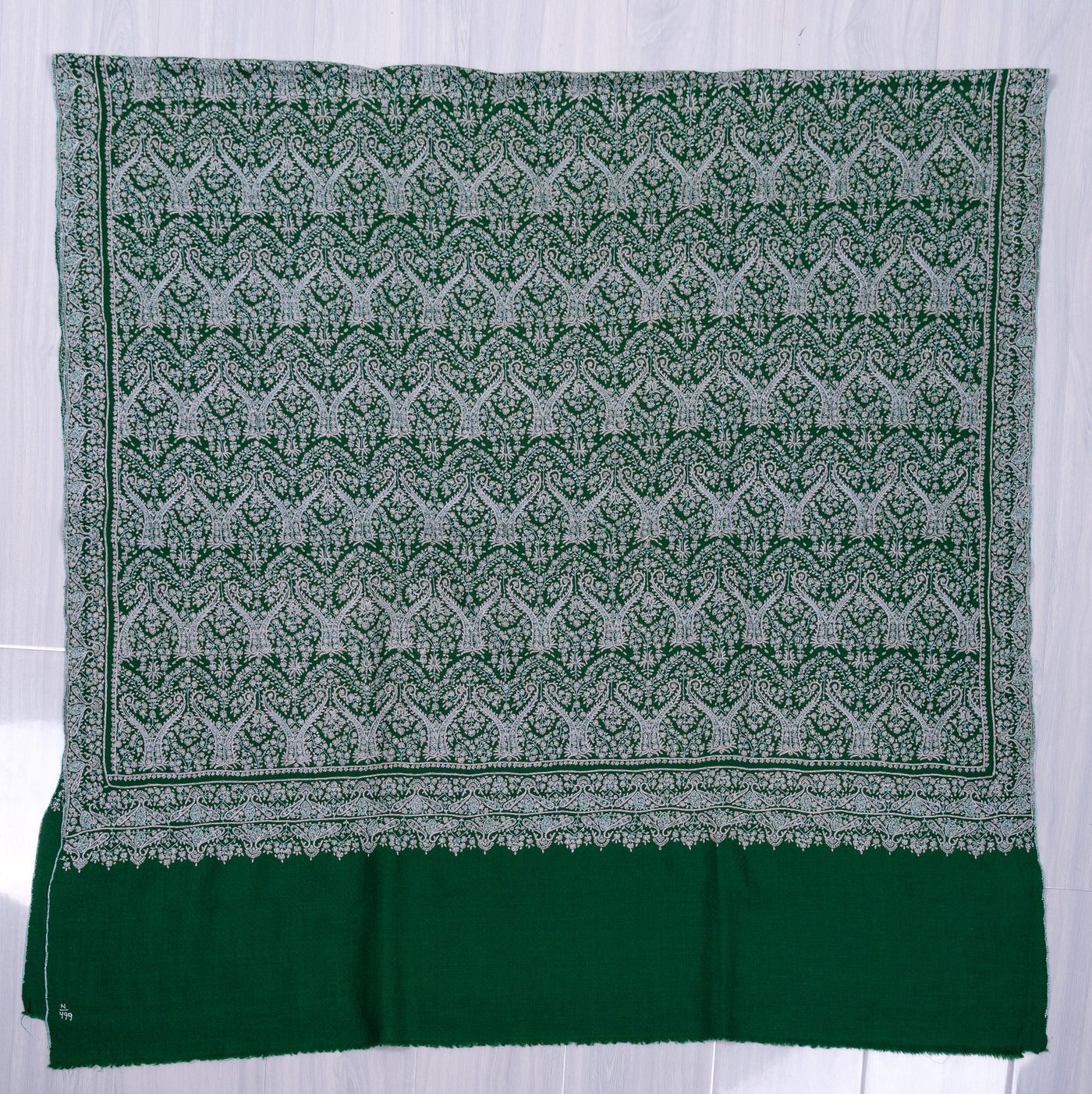Sozni Hand Embroidered Pashmina: Emerald Green Classic All Over Pattern