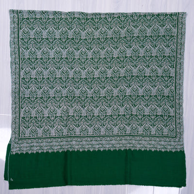 Sozni Hand Embroidered Pashmina: Emerald Green Classic All Over Pattern