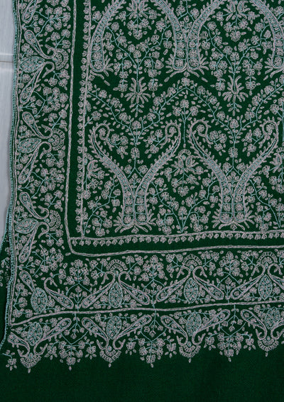 Sozni Hand Embroidered Pashmina: Emerald Green Classic All Over Pattern
