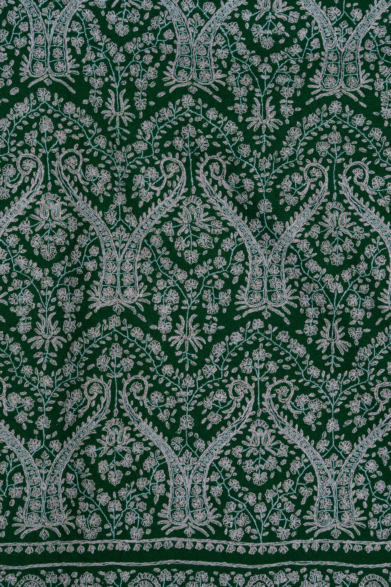 Sozni Hand Embroidered Pashmina: Emerald Green Classic All Over Pattern