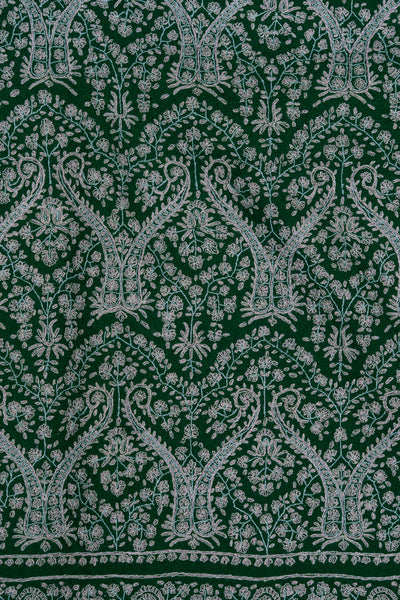 Sozni Hand Embroidered Pashmina: Emerald Green Classic All Over Pattern