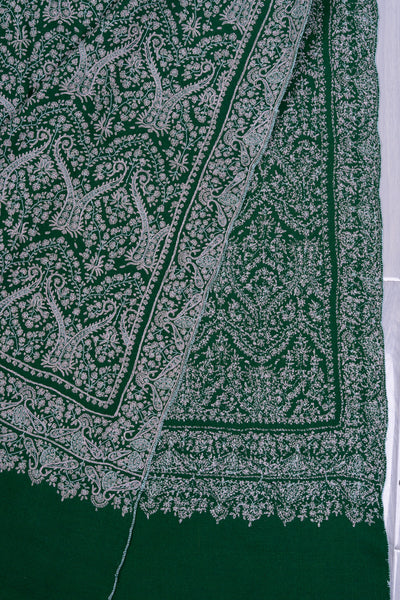 Sozni Hand Embroidered Pashmina: Emerald Green Classic All Over Pattern