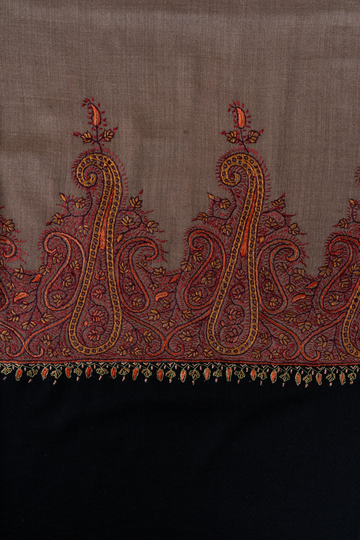 Mocha Crimson Border Grace: Merino Wool Hand Embroidered 2.5 Yards Shawl
