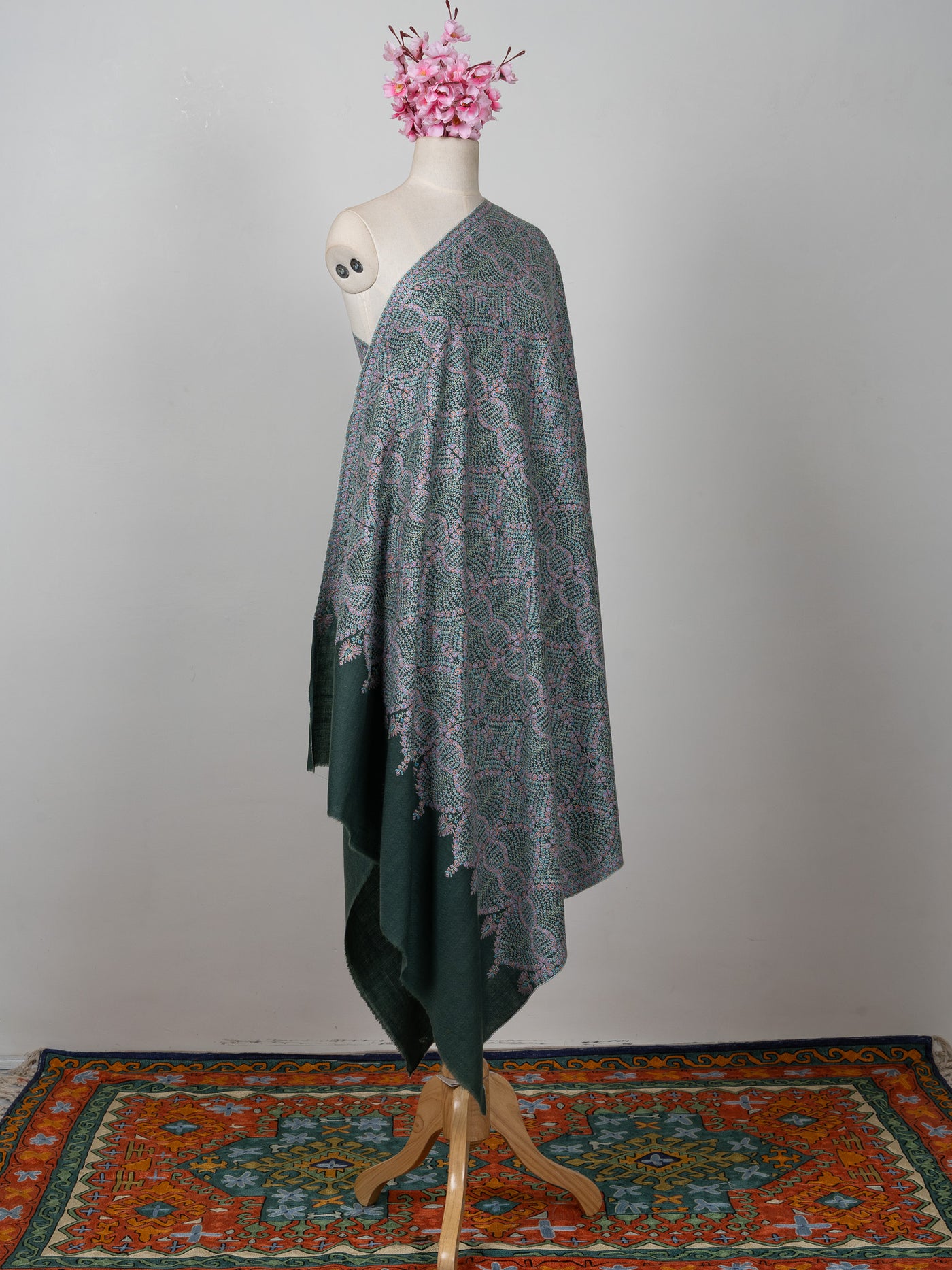 Sozni Hand Embroidered Pashmina: Sage Green Dense Vine Work