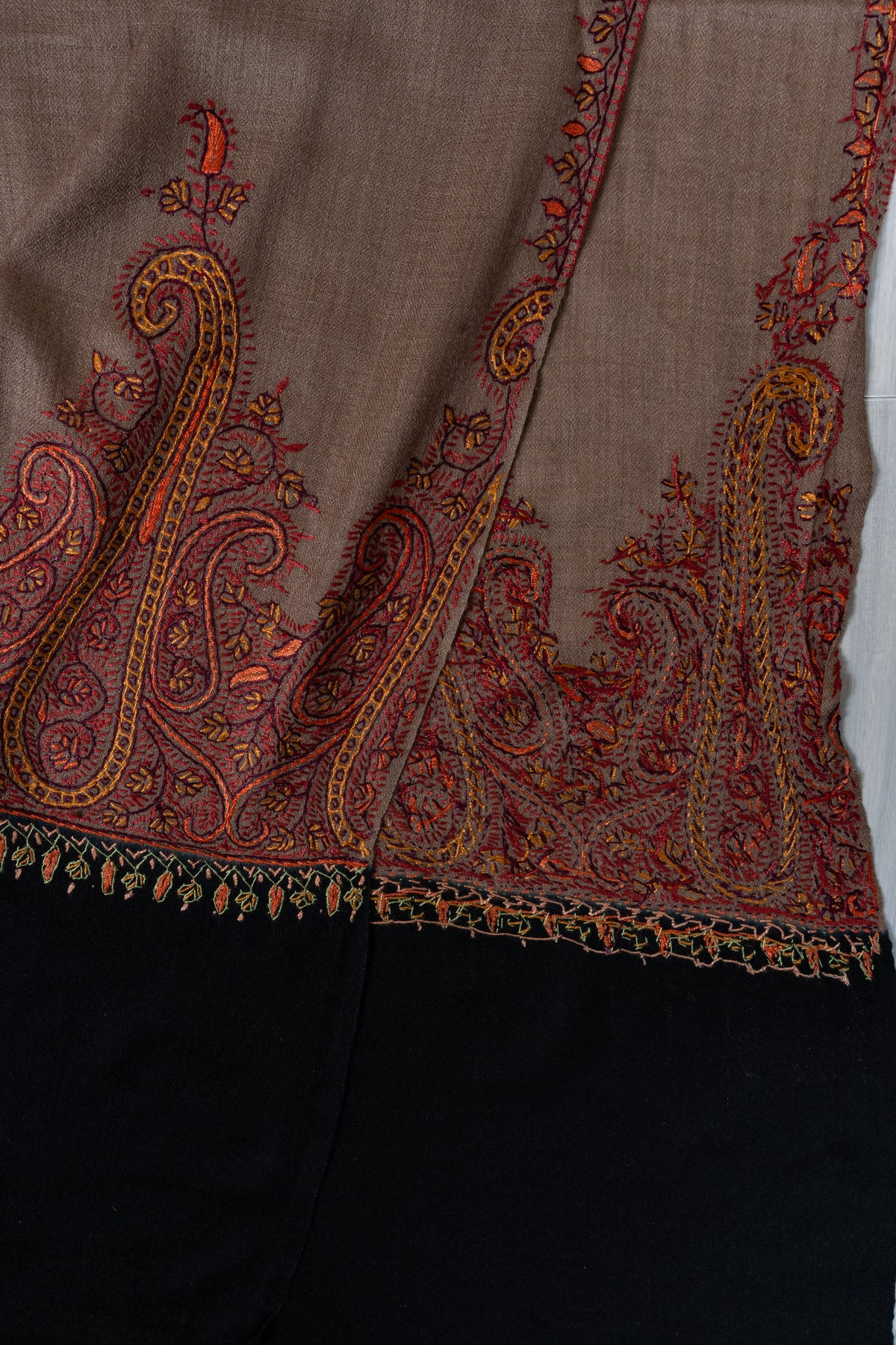 Mocha Crimson Border Grace: Merino Wool Hand Embroidered 2.5 Yards Shawl