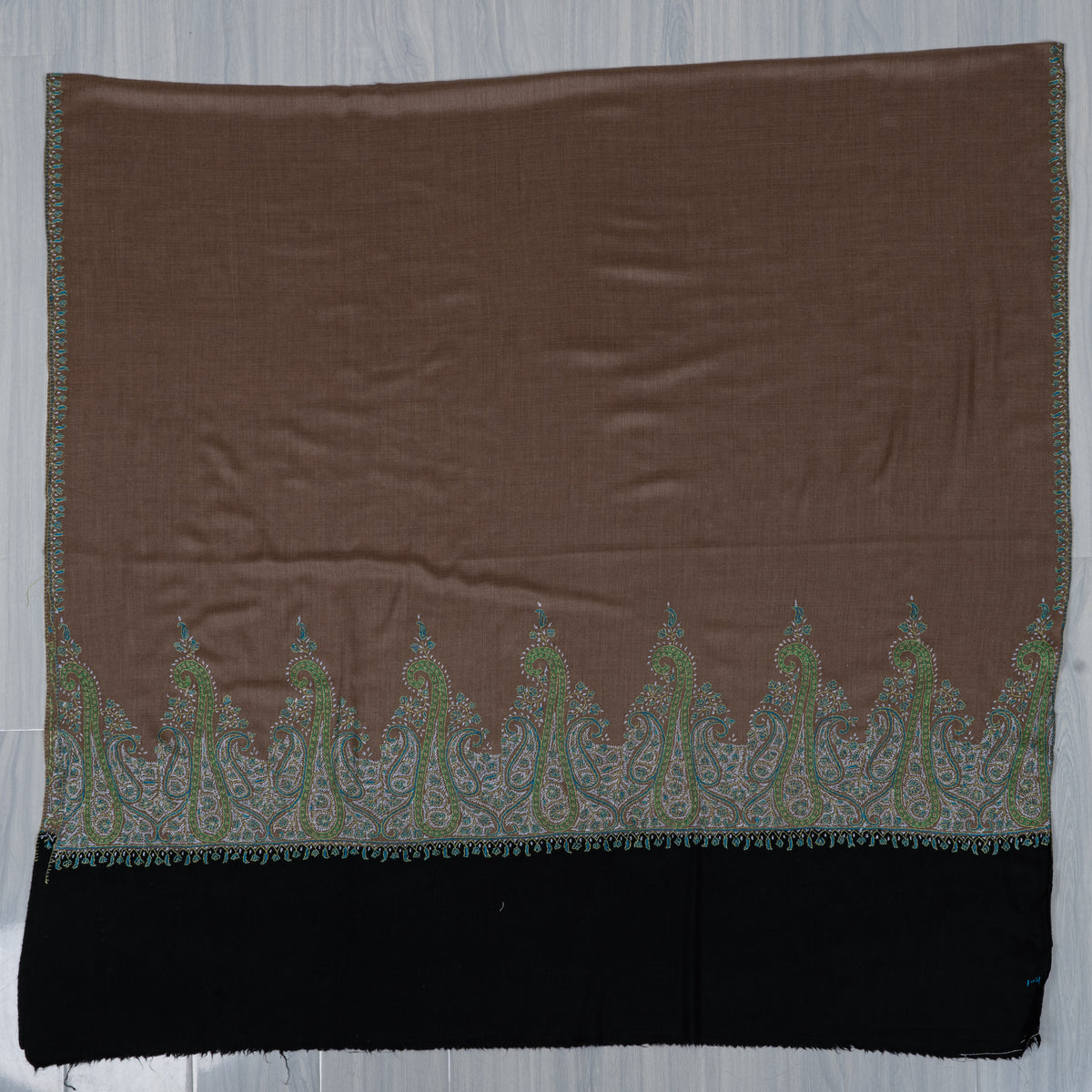 Cocoa Teal Paisley Elegance: Merino Wool Hand Embroidered 2.5 Yards Shawl