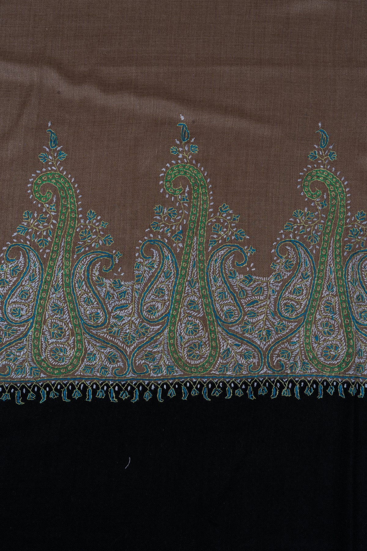 Cocoa Teal Paisley Elegance: Merino Wool Hand Embroidered 2.5 Yards Shawl