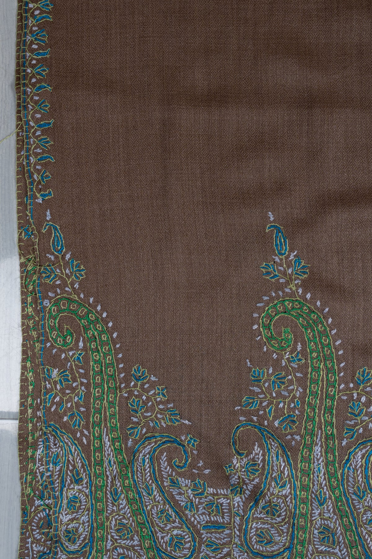 Cocoa Teal Paisley Elegance: Merino Wool Hand Embroidered 2.5 Yards Shawl