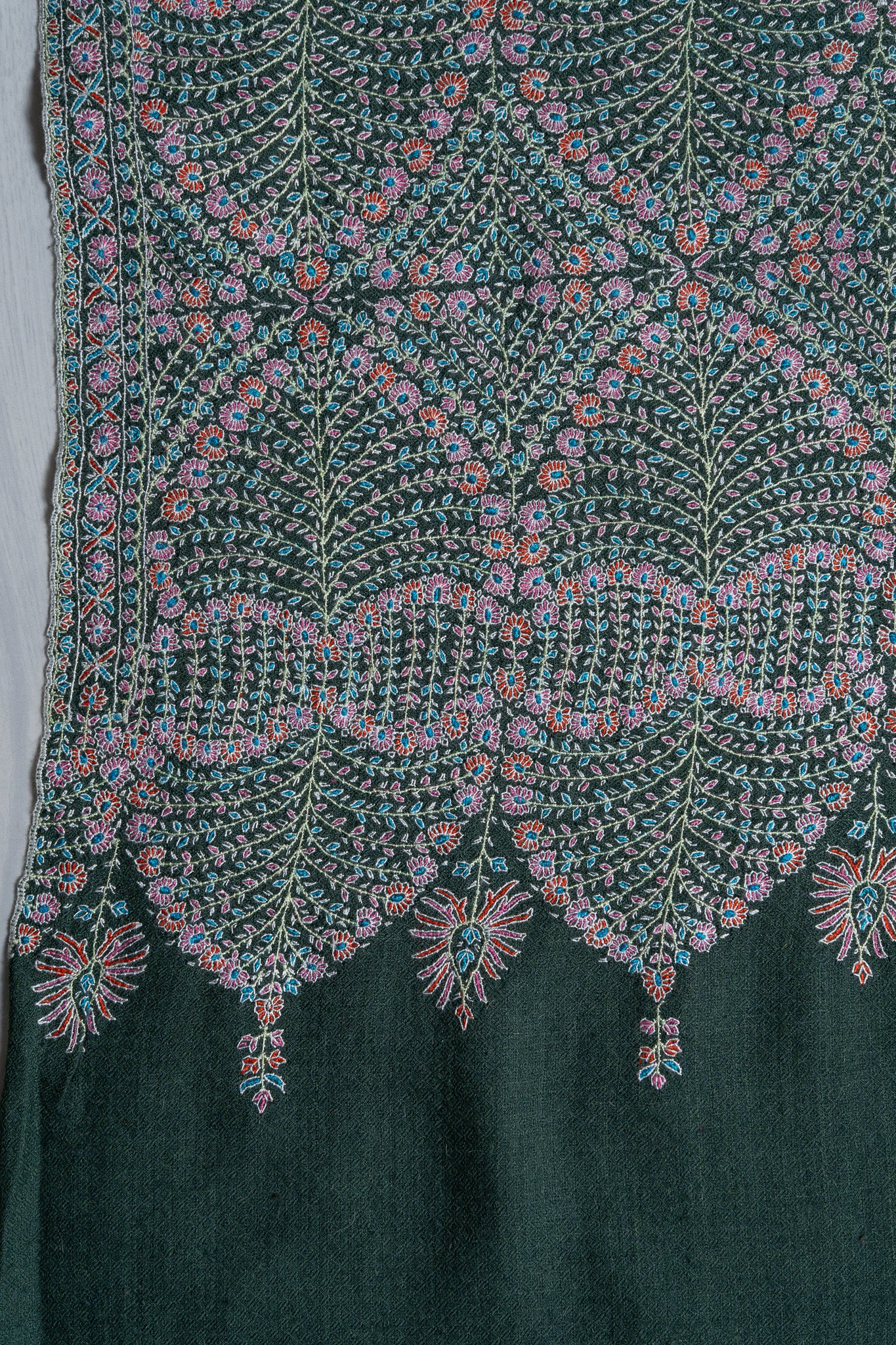 Sozni Hand Embroidered Pashmina: Sage Green Dense Vine Work