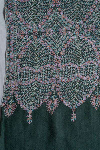 Sozni Hand Embroidered Pashmina: Sage Green Dense Vine Work