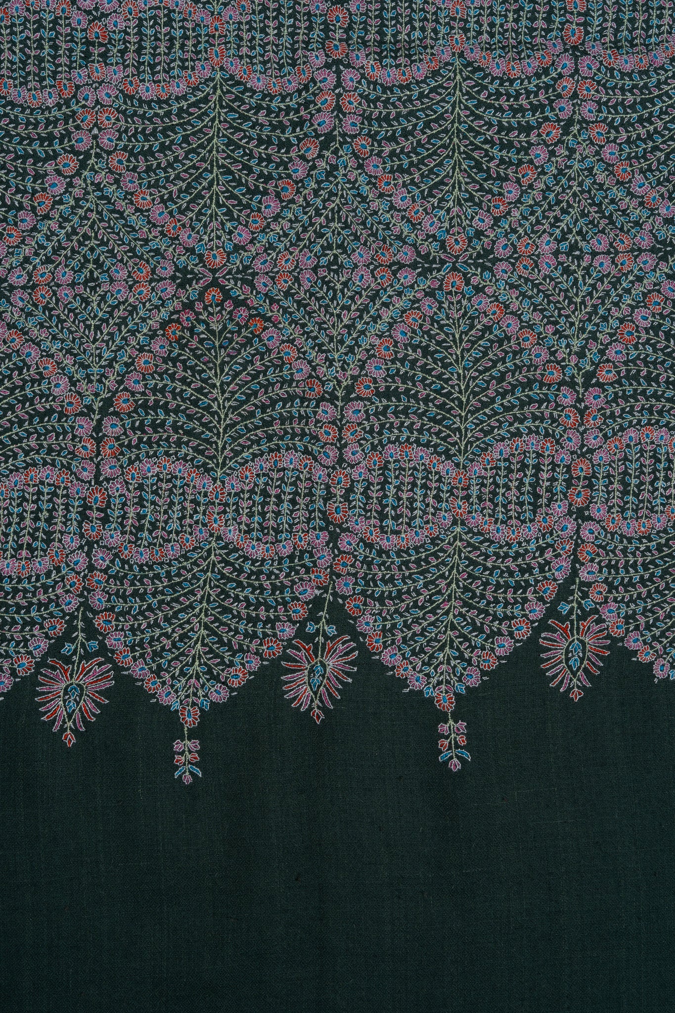 Sozni Hand Embroidered Pashmina: Sage Green Dense Vine Work