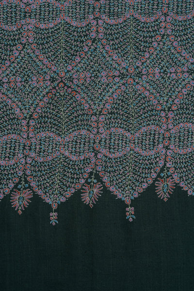 Sozni Hand Embroidered Pashmina: Sage Green Dense Vine Work