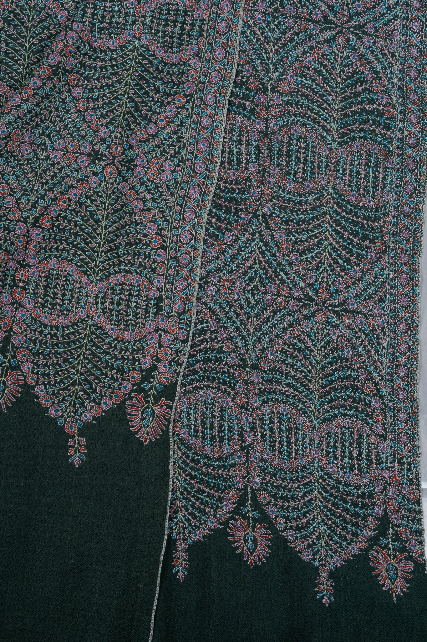 Sozni Hand Embroidered Pashmina: Sage Green Dense Vine Work