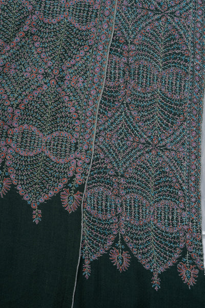 Sozni Hand Embroidered Pashmina: Sage Green Dense Vine Work