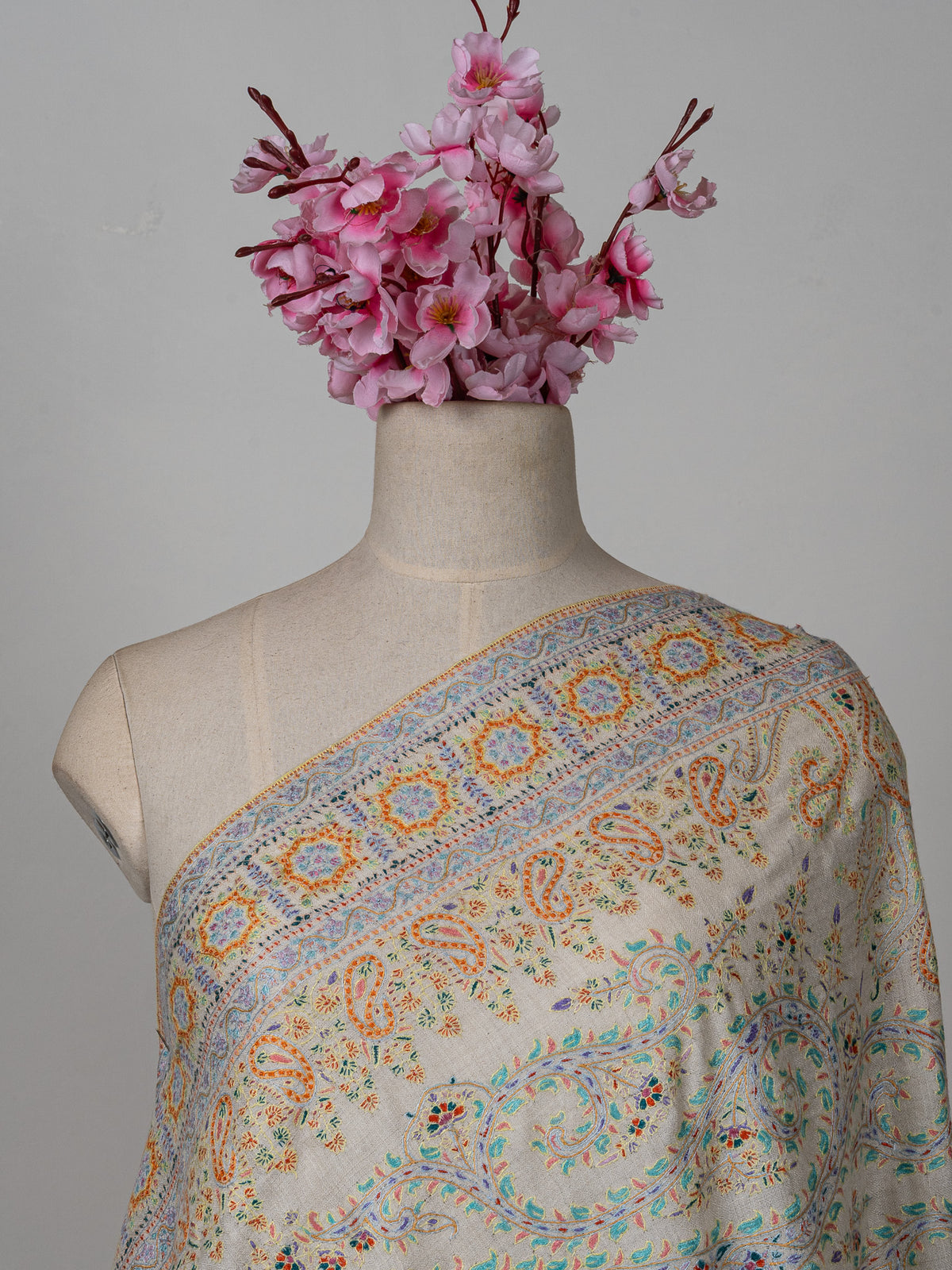Sozni Hand Embroidered Pashmina: Ivory Multicolour Heritage Panel