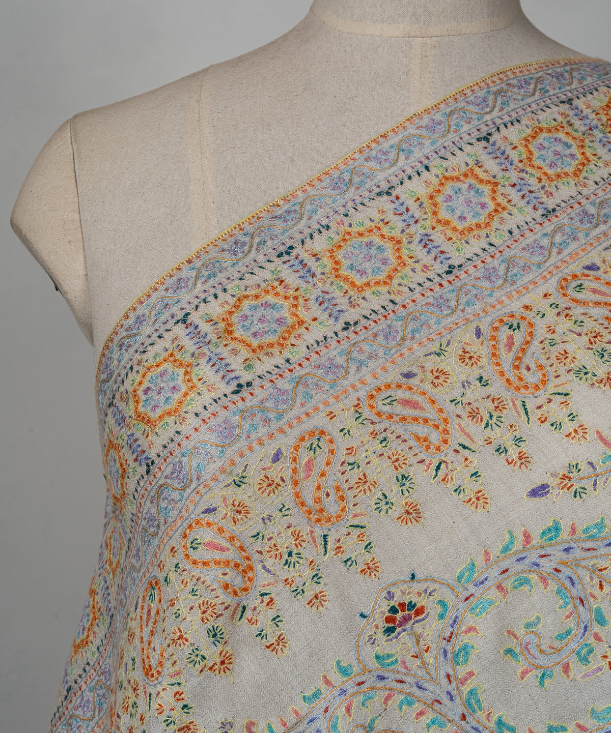 Sozni Hand Embroidered Pashmina: Ivory Multicolour Heritage Panel