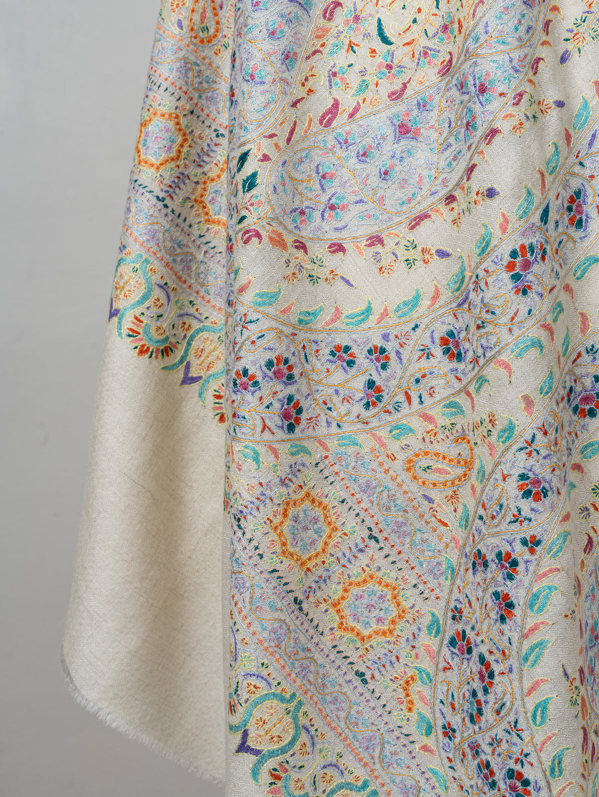 Sozni Hand Embroidered Pashmina: Ivory Multicolour Heritage Panel