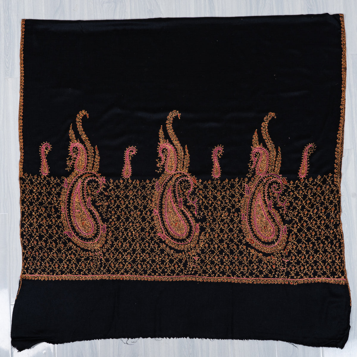Noir Rose Paisley Royale: Merino Wool Hand Embroidered 2.5 Yards Shawl