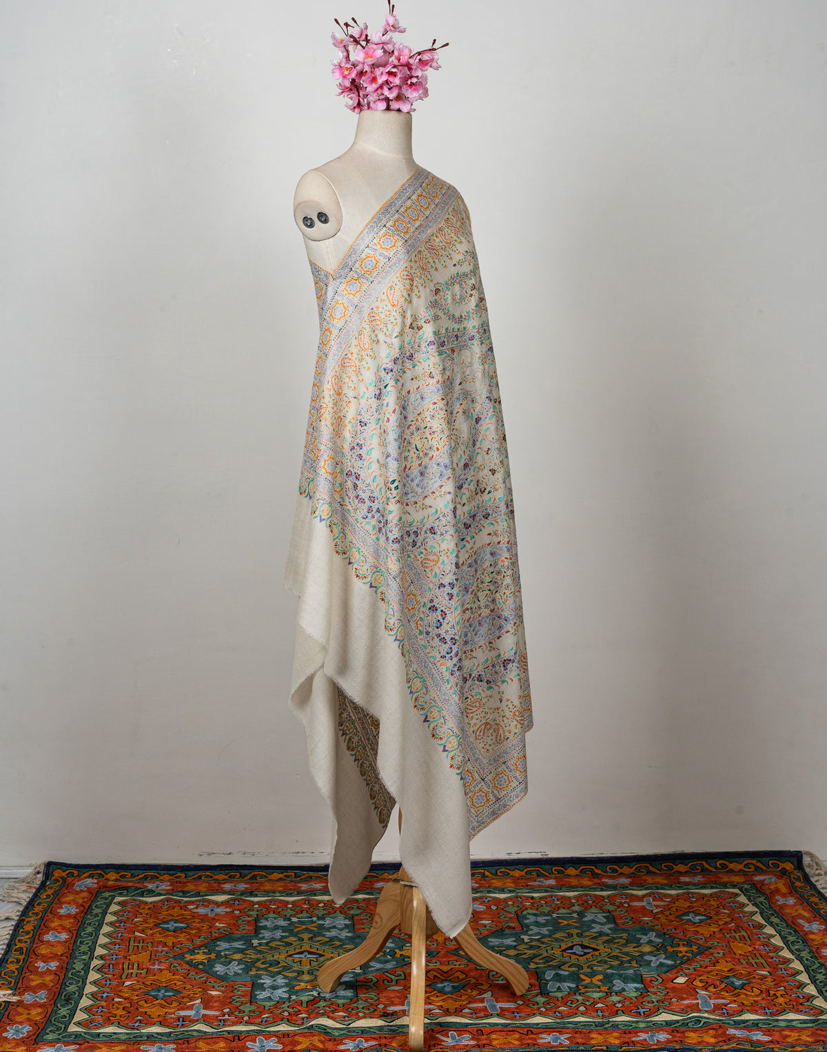 Sozni Hand Embroidered Pashmina: Ivory Multicolour Heritage Panel