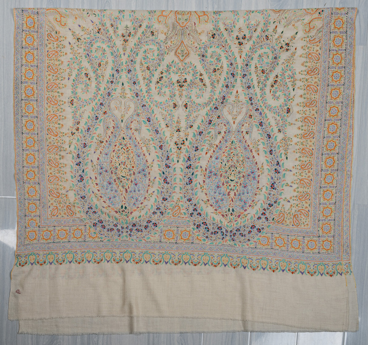 Sozni Hand Embroidered Pashmina: Ivory Multicolour Heritage Panel
