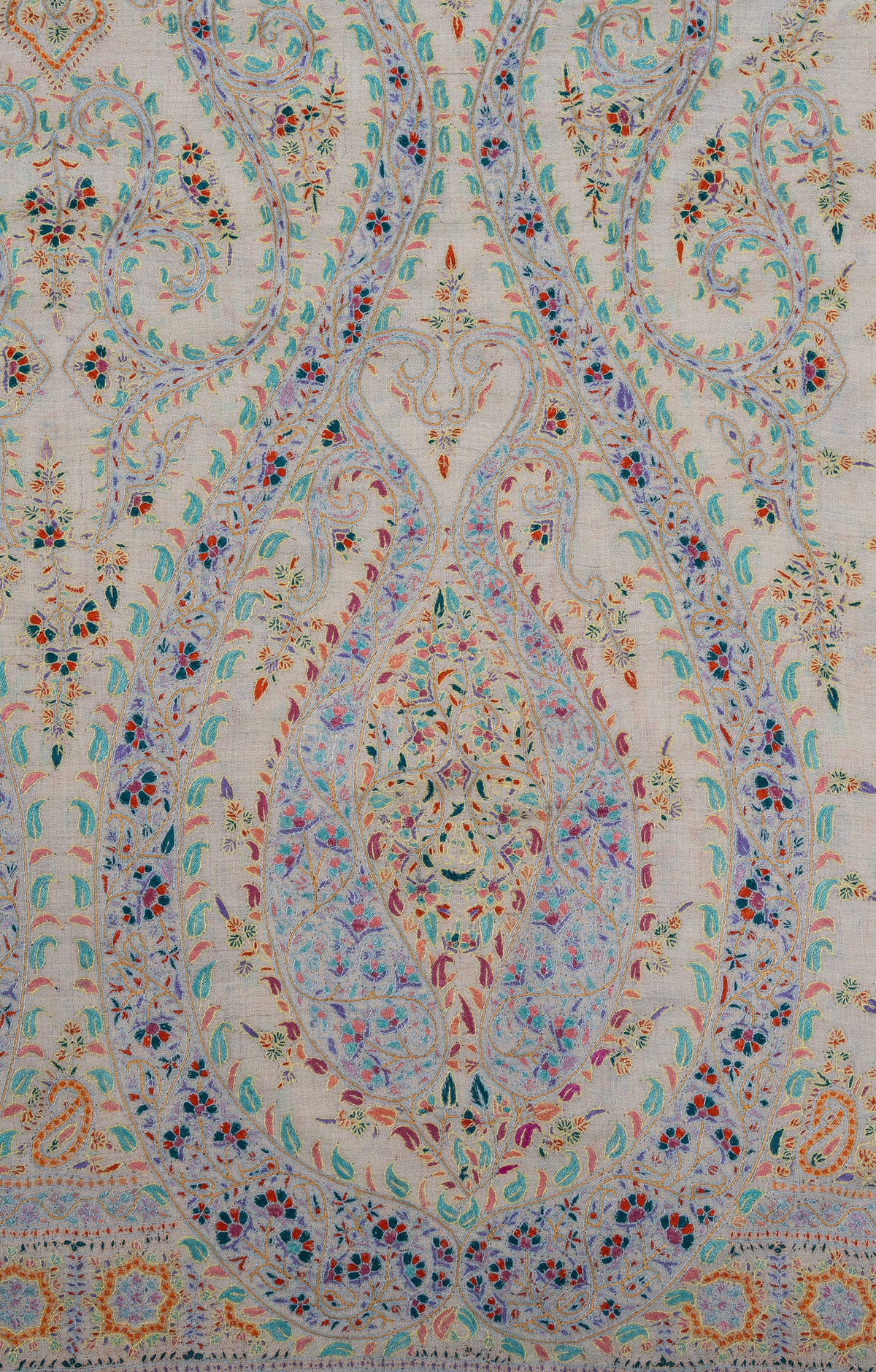 Sozni Hand Embroidered Pashmina: Ivory Multicolour Heritage Panel