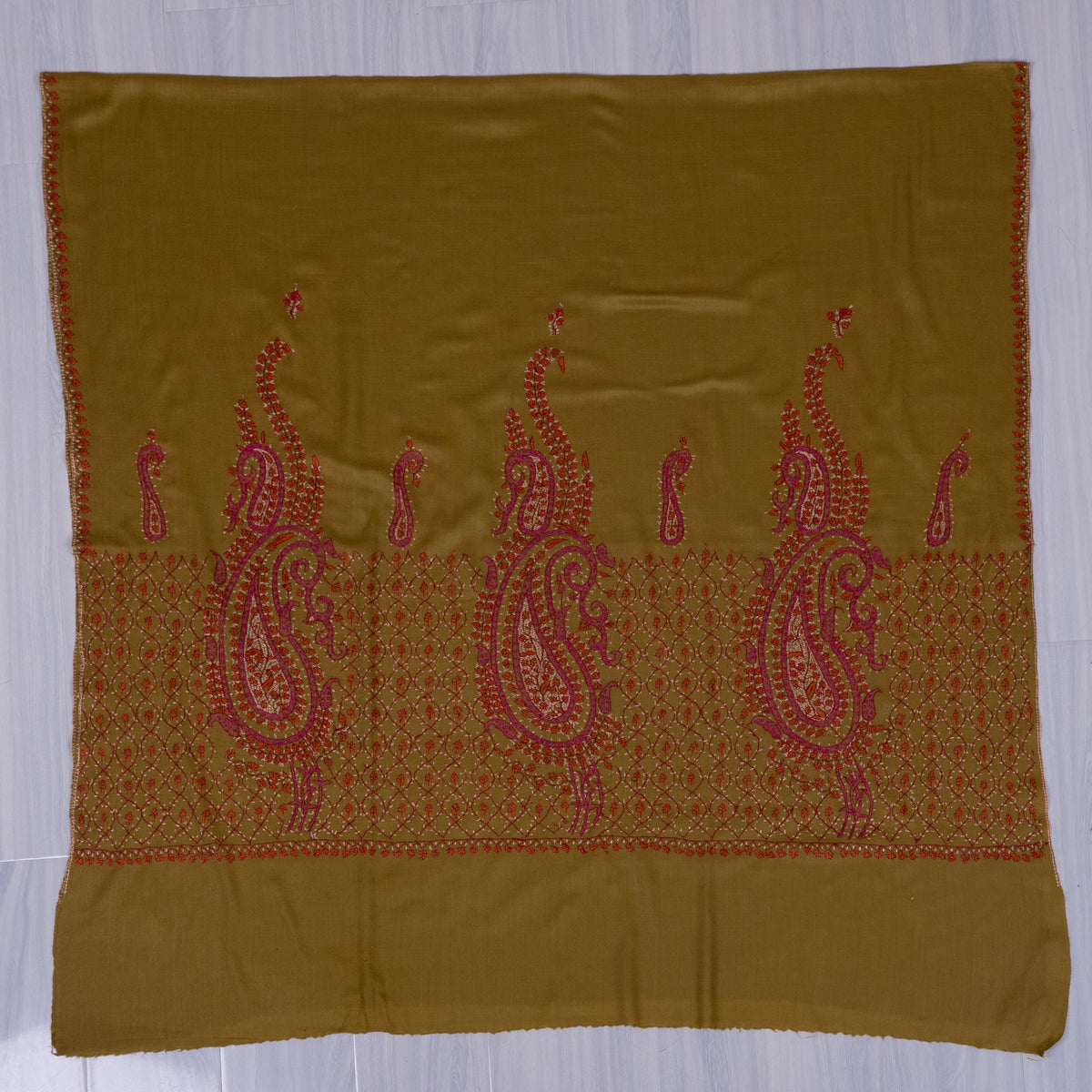 Olive Rose Paisley Accent: Merino Wool Hand Embroidered 2.5 Yards Shawl