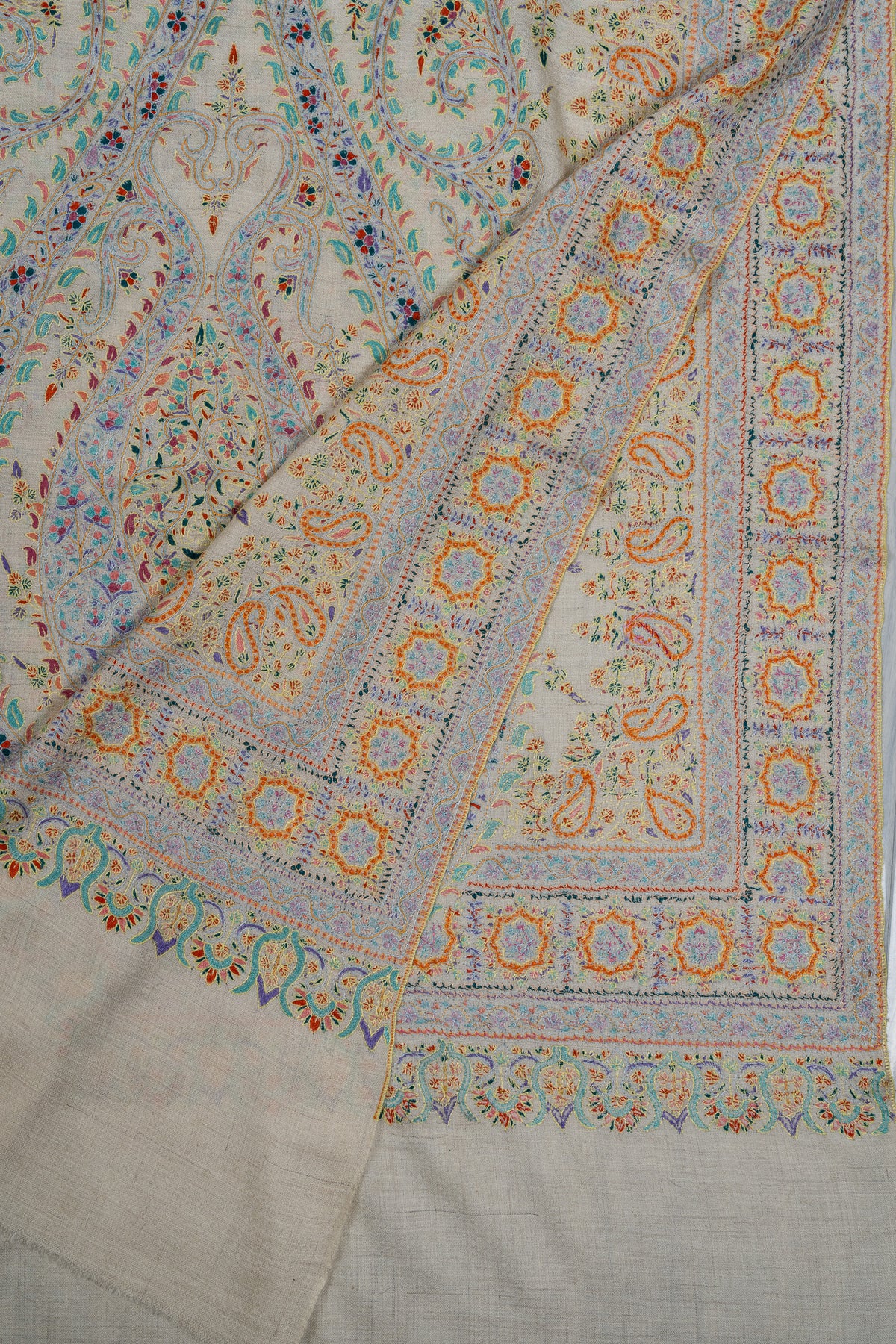 Sozni Hand Embroidered Pashmina: Ivory Multicolour Heritage Panel