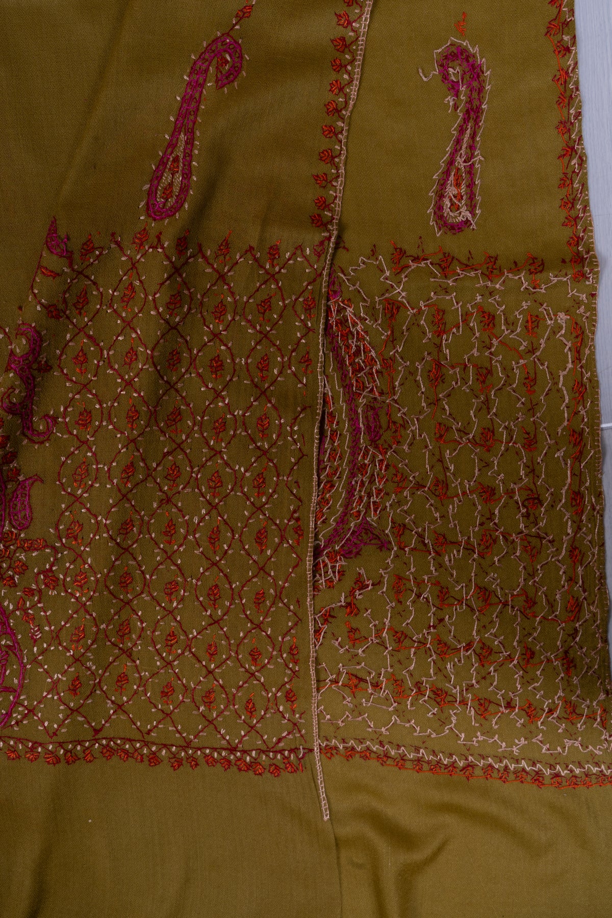 Olive Rose Paisley Accent: Merino Wool Hand Embroidered 2.5 Yards Shawl