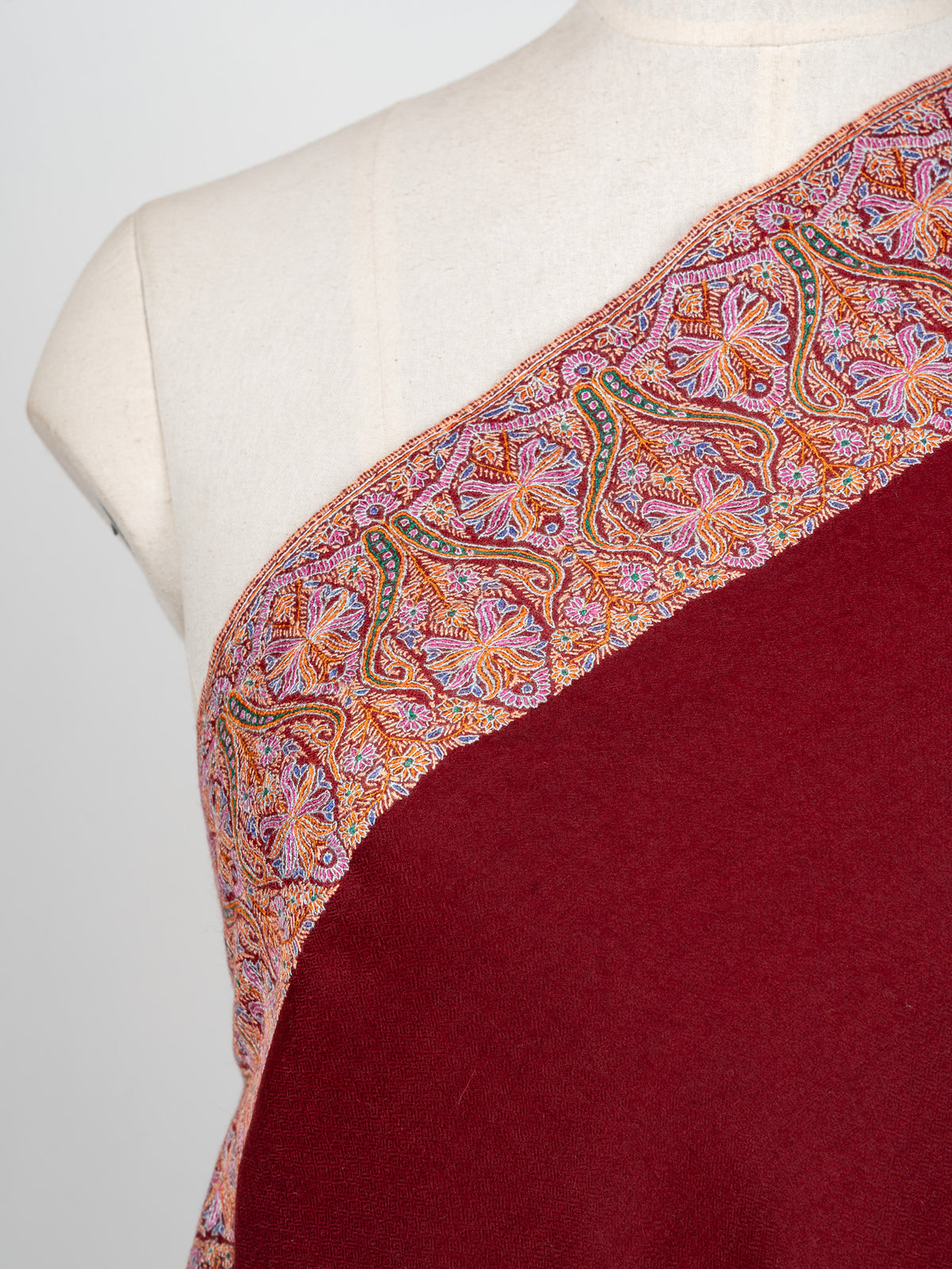 Shoulder detail of pink, blue and golden Sozni flowers within curved border panels on crimson Pashmina