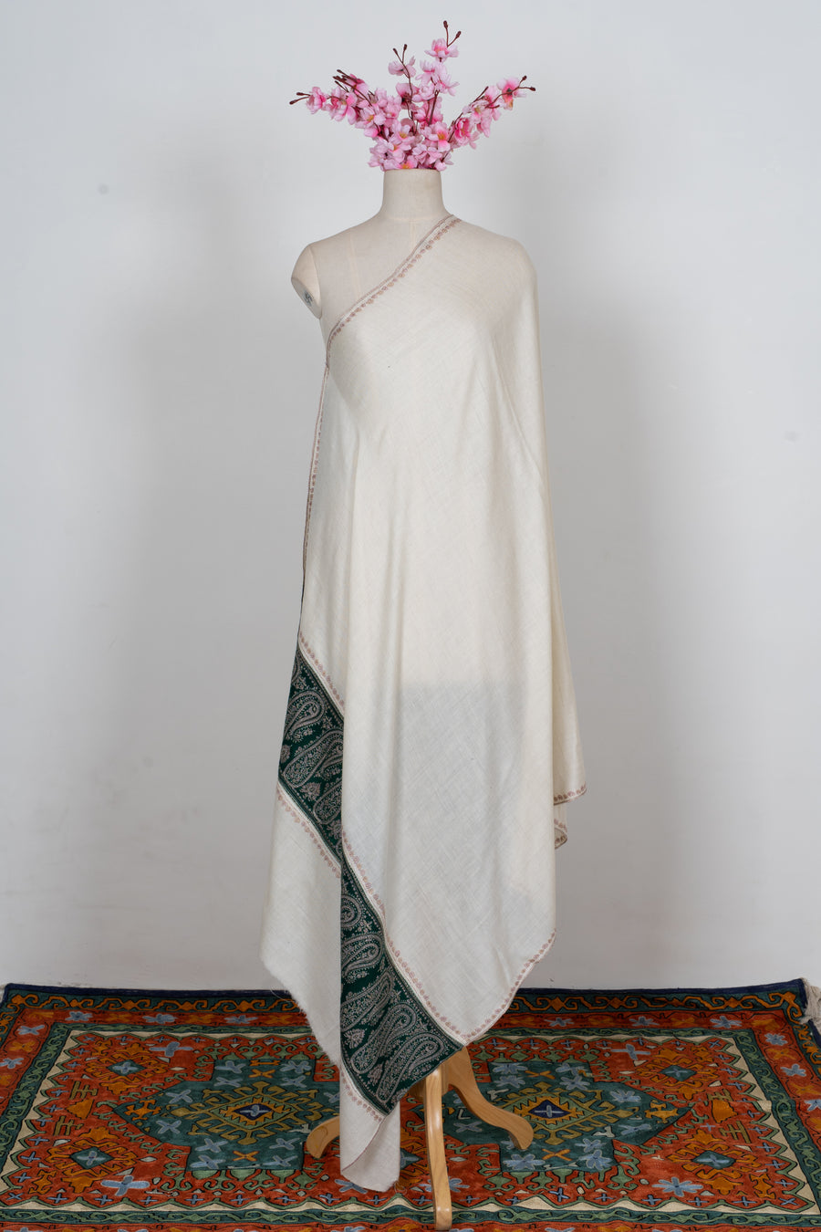 Ivory Crest: Pure Pashmina Sozni Hand Embroidered Shawl