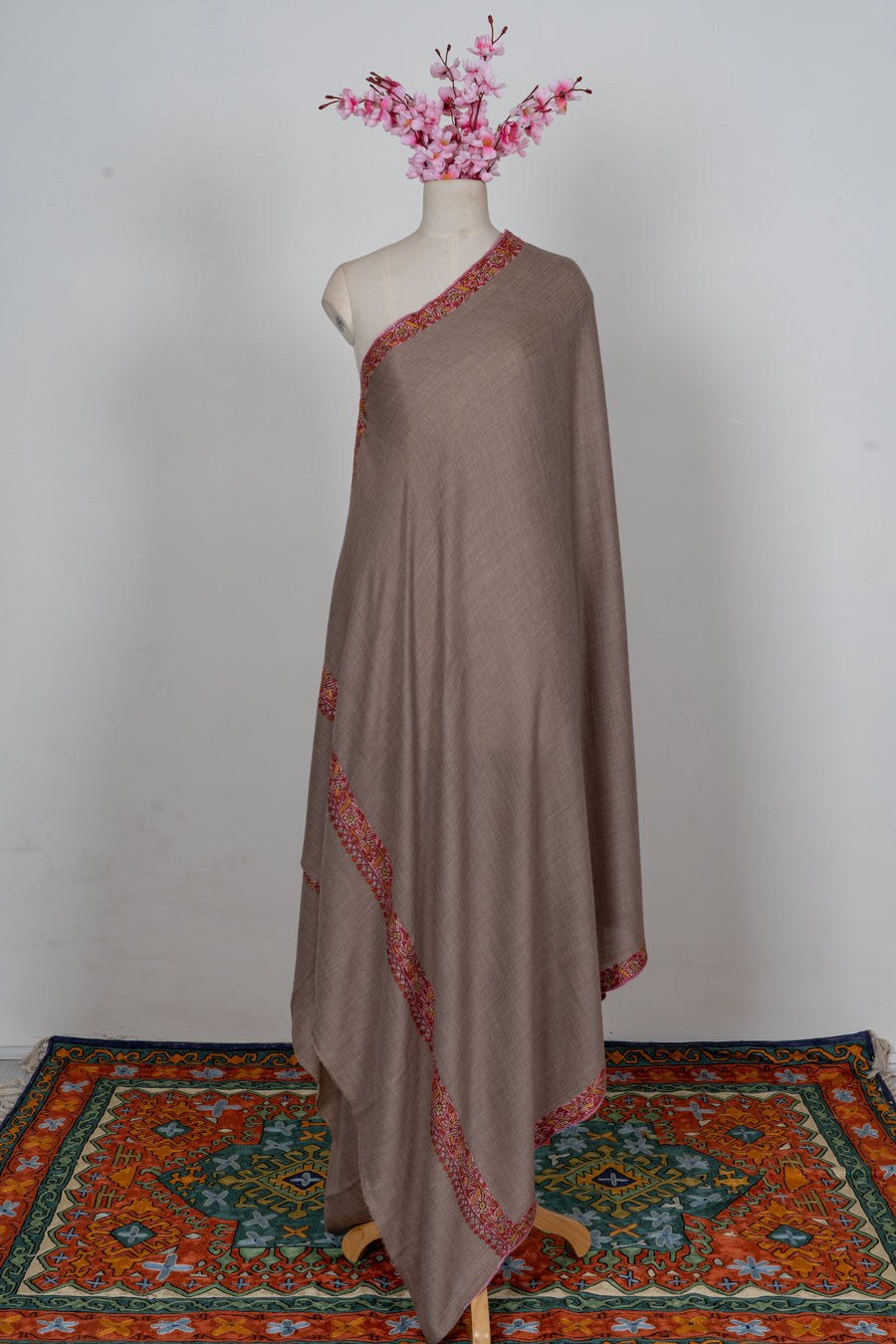 Taupe Rose Border Grace: Merino Wool Hand Embroidered 2.5 Yards Shawl