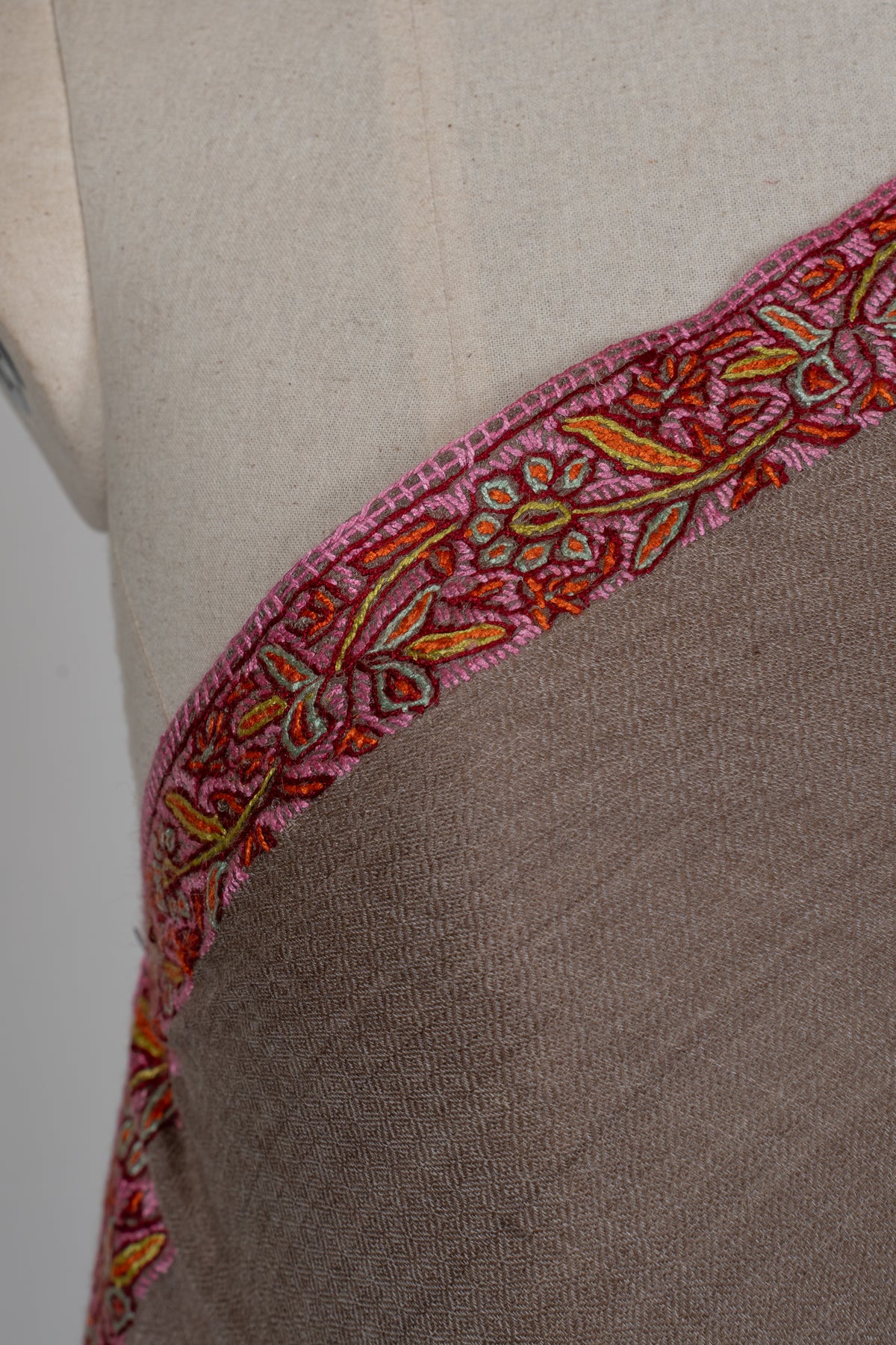 Taupe Rose Border Grace: Merino Wool Hand Embroidered 2.5 Yards Shawl
