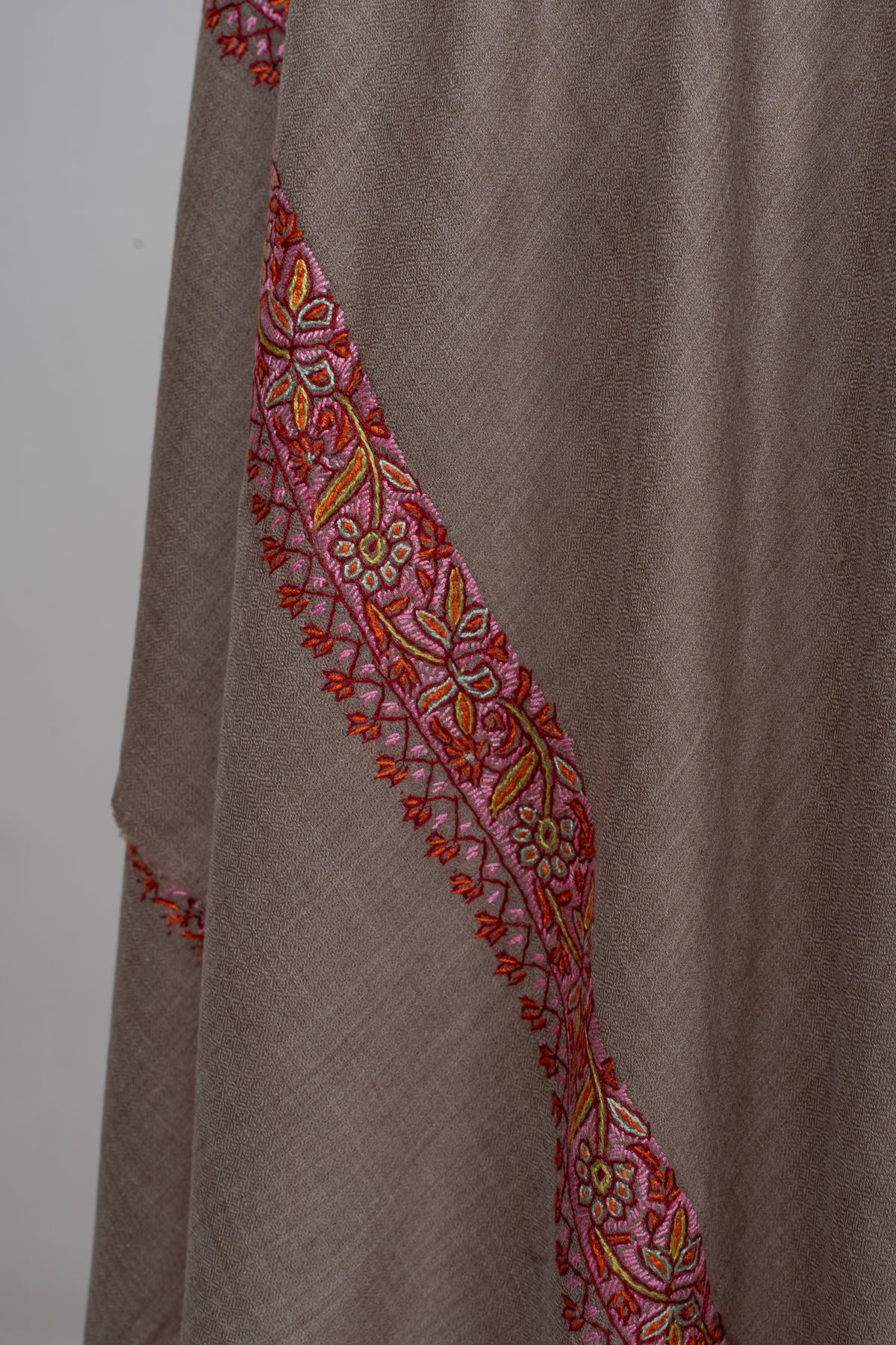 Taupe Rose Border Grace: Merino Wool Hand Embroidered 2.5 Yards Shawl