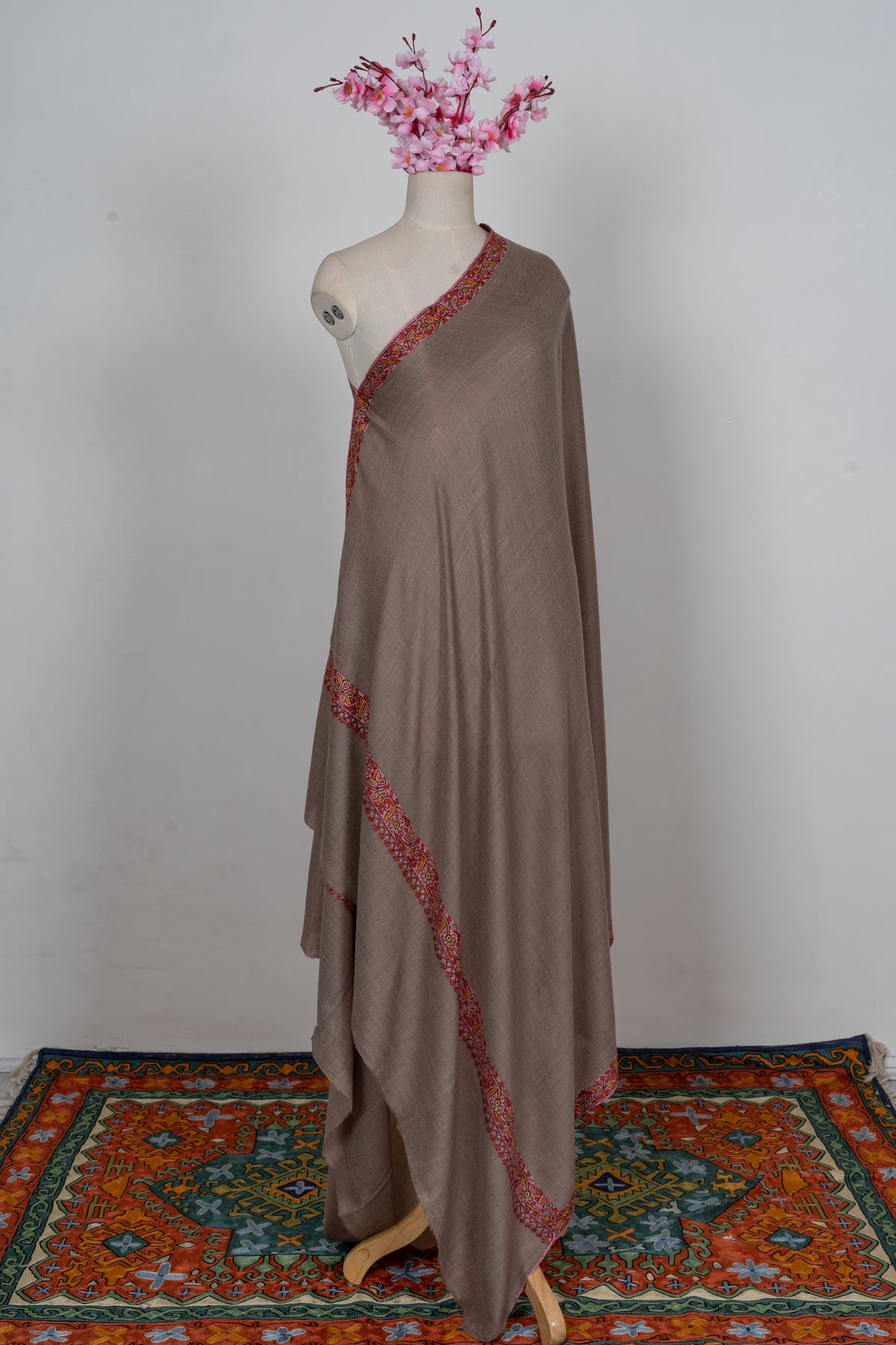 Taupe Rose Border Grace: Merino Wool Hand Embroidered 2.5 Yards Shawl
