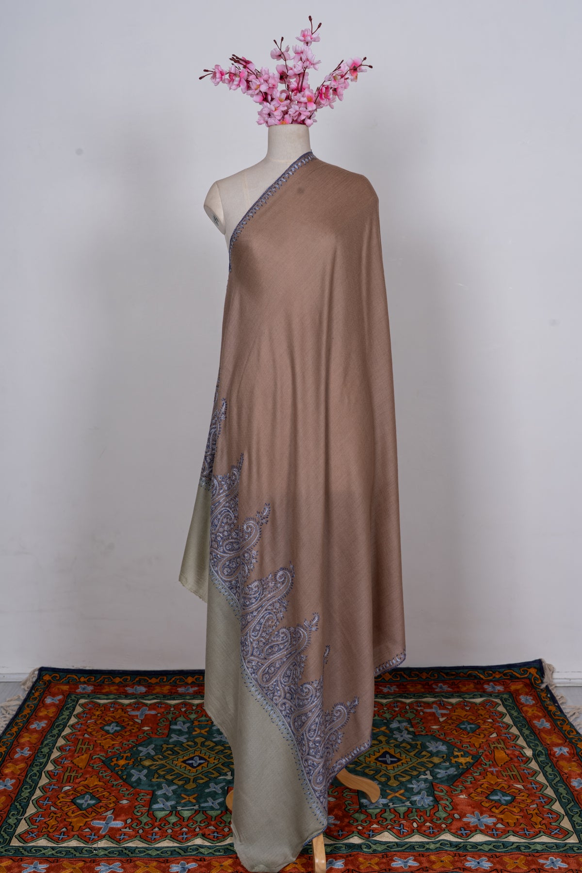 Sandstone Blue Paisley Edge: Merino Wool Hand Embroidered 2.5 Yards Shawl