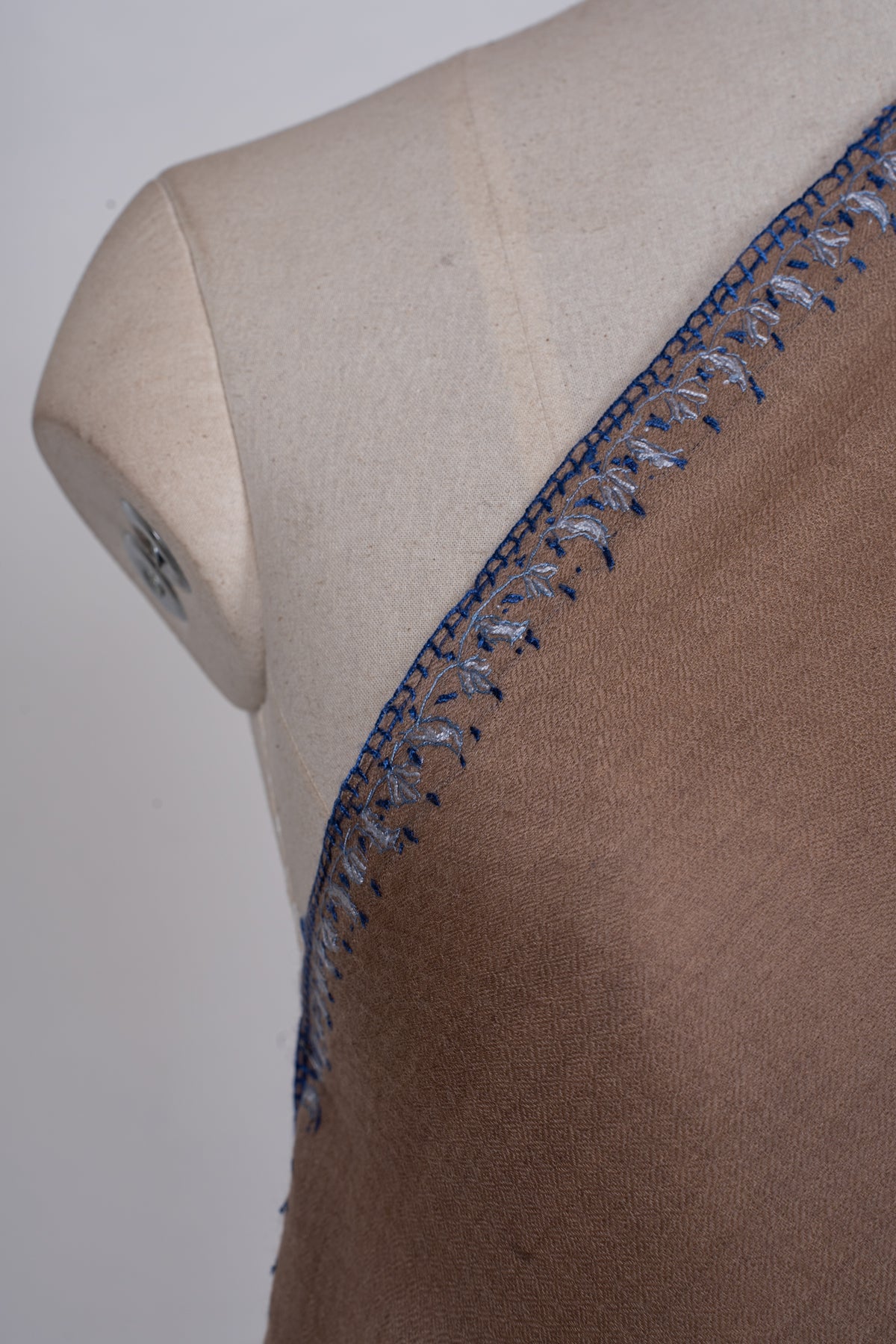 Sandstone Blue Paisley Edge: Merino Wool Hand Embroidered 2.5 Yards Shawl