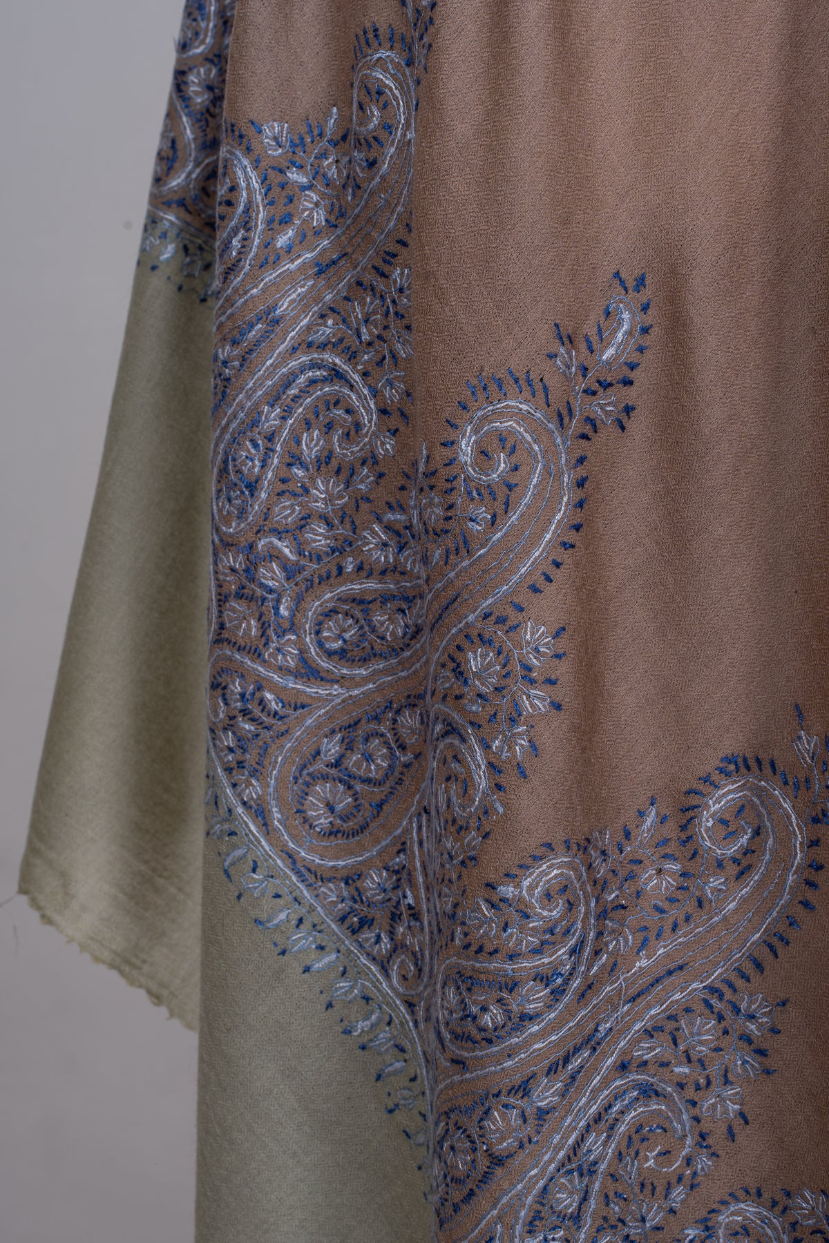 Sandstone Blue Paisley Edge: Merino Wool Hand Embroidered 2.5 Yards Shawl