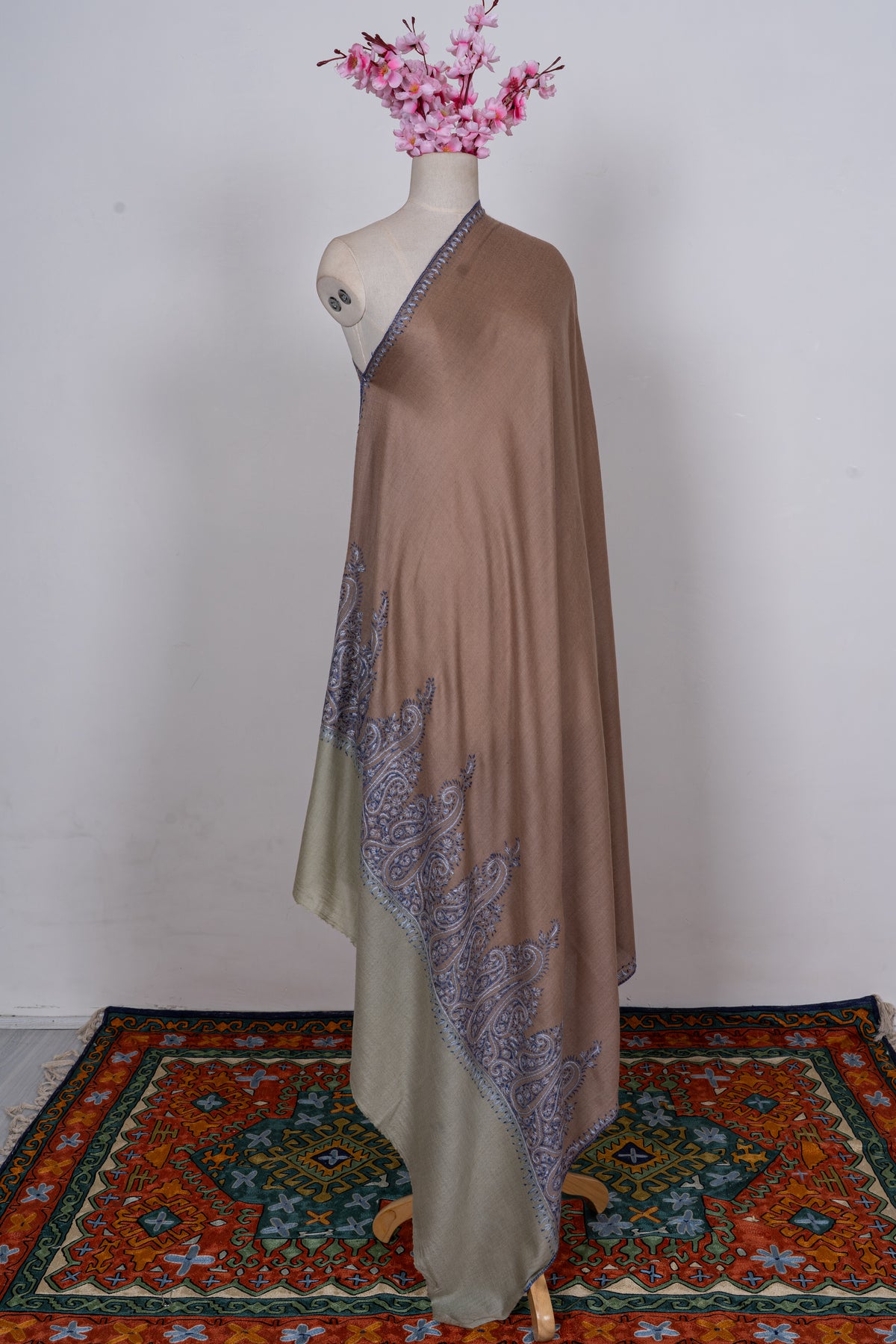 Sandstone Blue Paisley Edge: Merino Wool Hand Embroidered 2.5 Yards Shawl