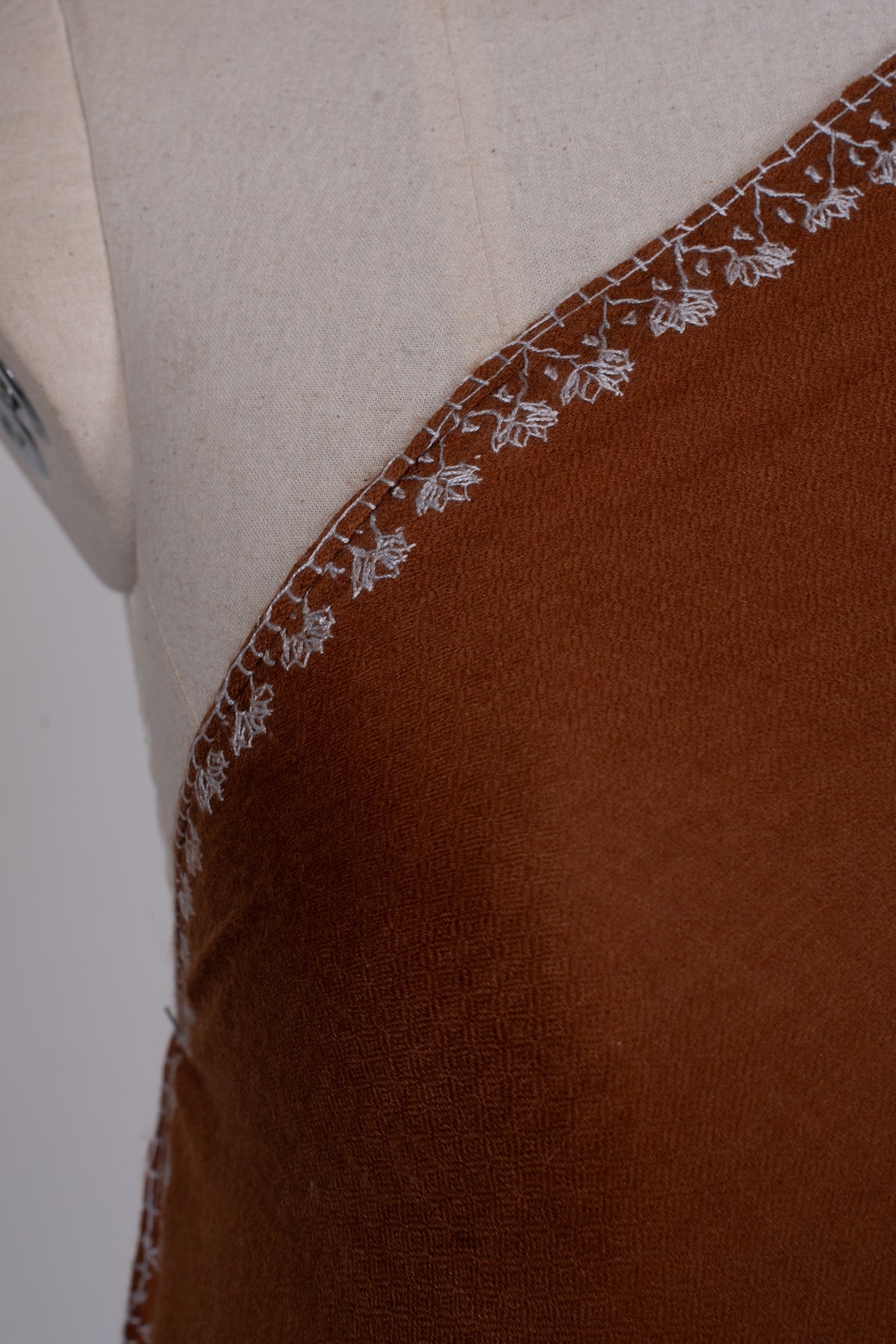 Burnt Sienna Ivory Border: Merino Wool Hand Embroidered 2.5 Yards Shawl