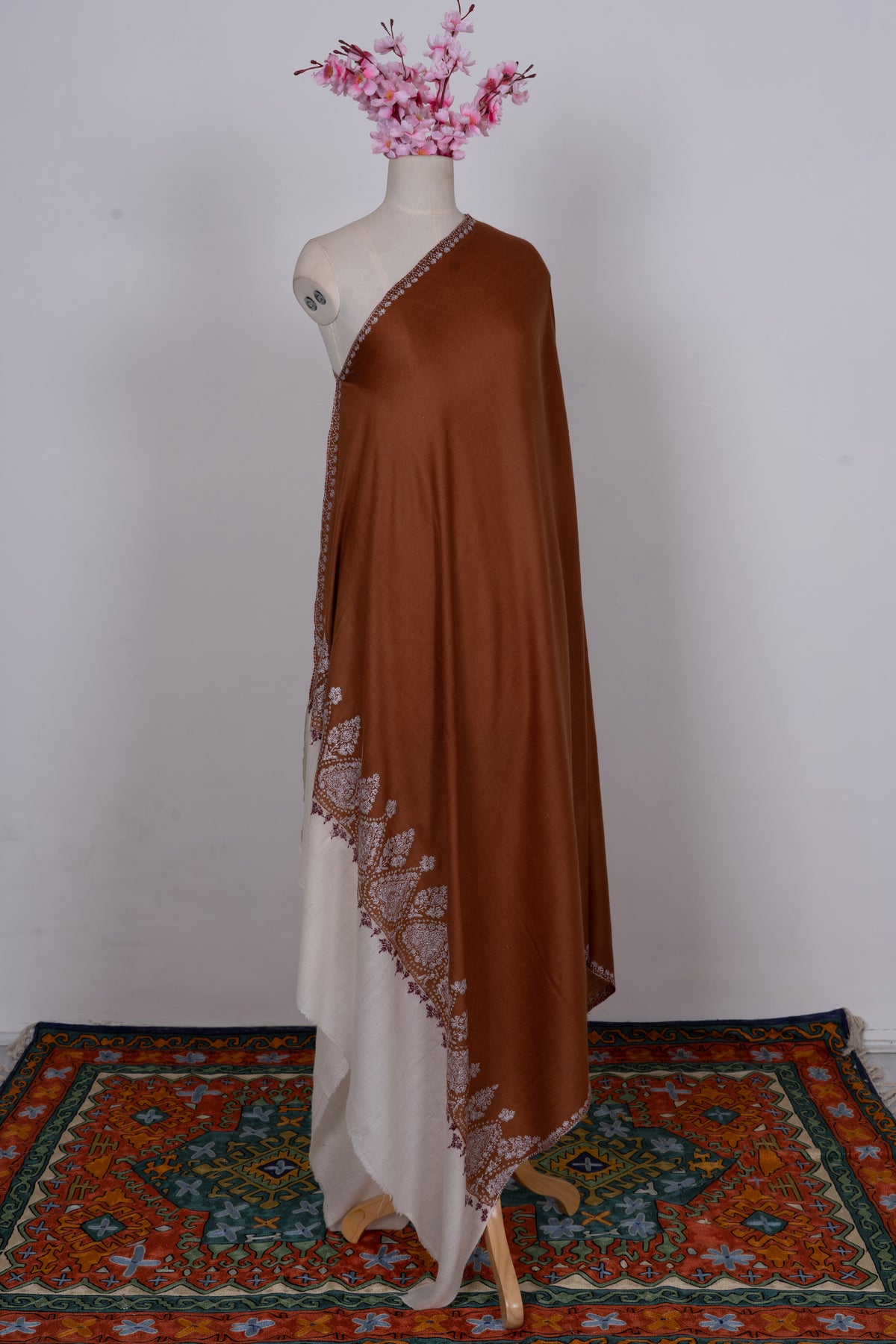 Burnt Sienna Ivory Border: Merino Wool Hand Embroidered 2.5 Yards Shawl